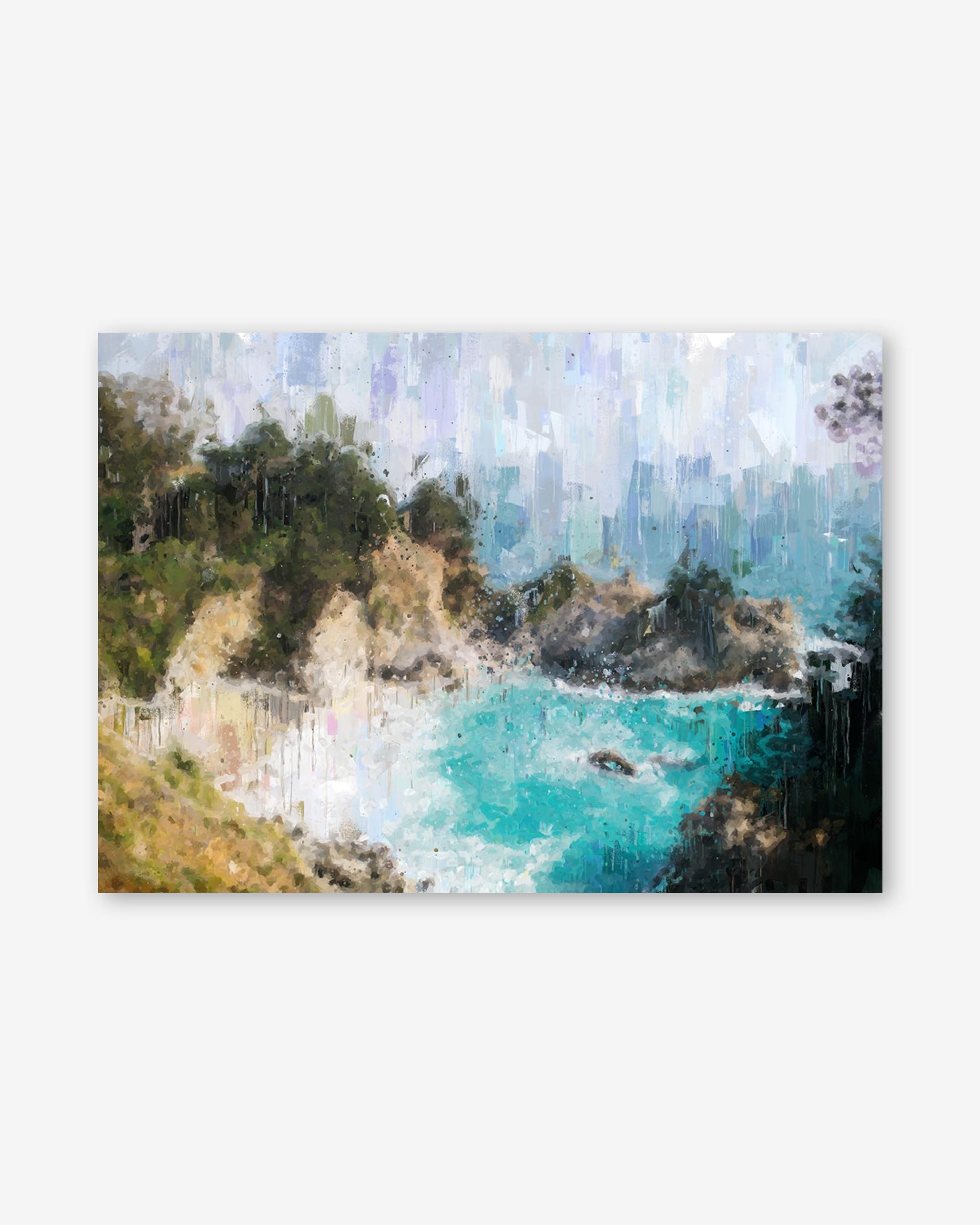 Scenic artwork of a coastal landscape with turquoise water and greenery.