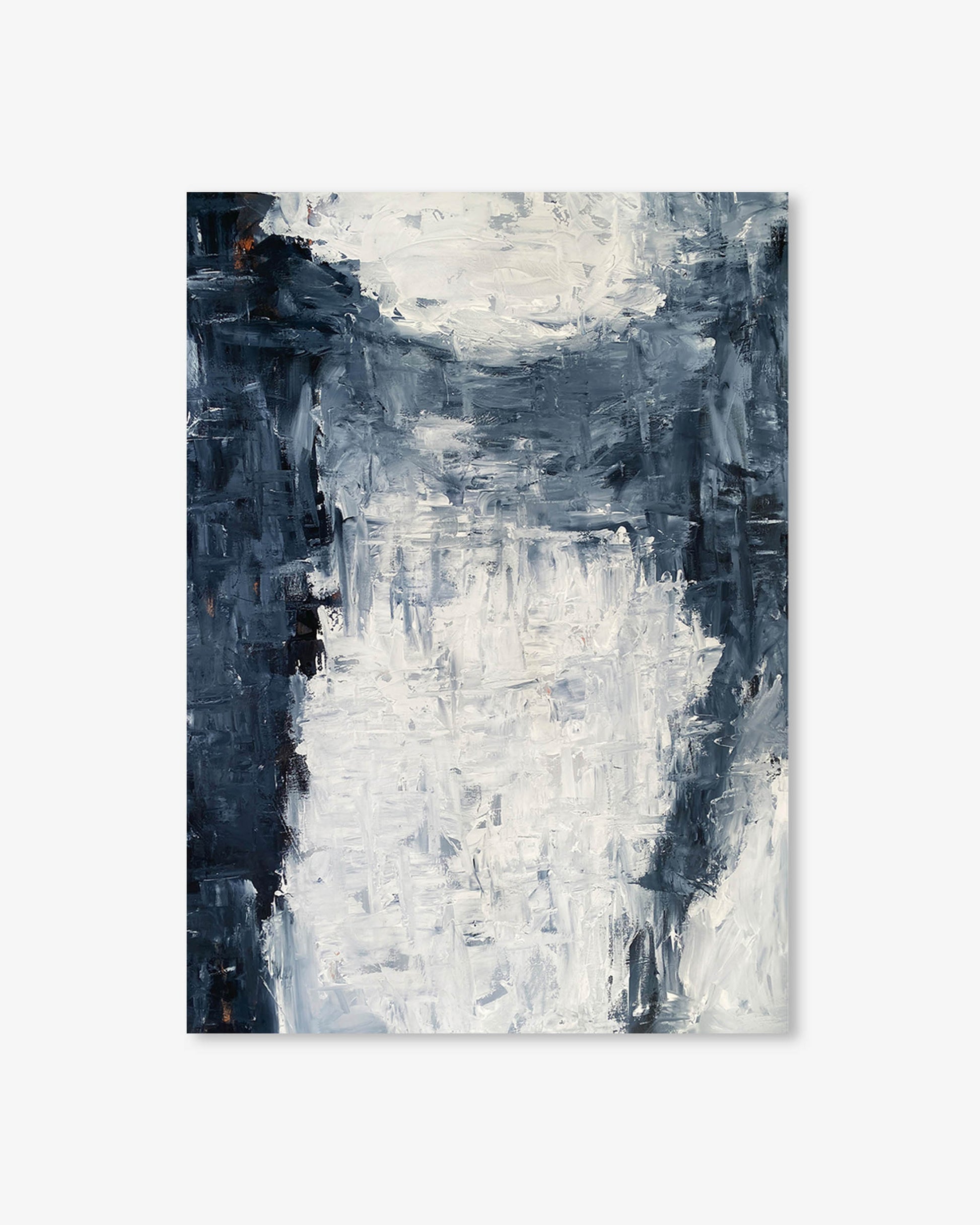Abstract painting with black, white, and gray brush strokes on a white background