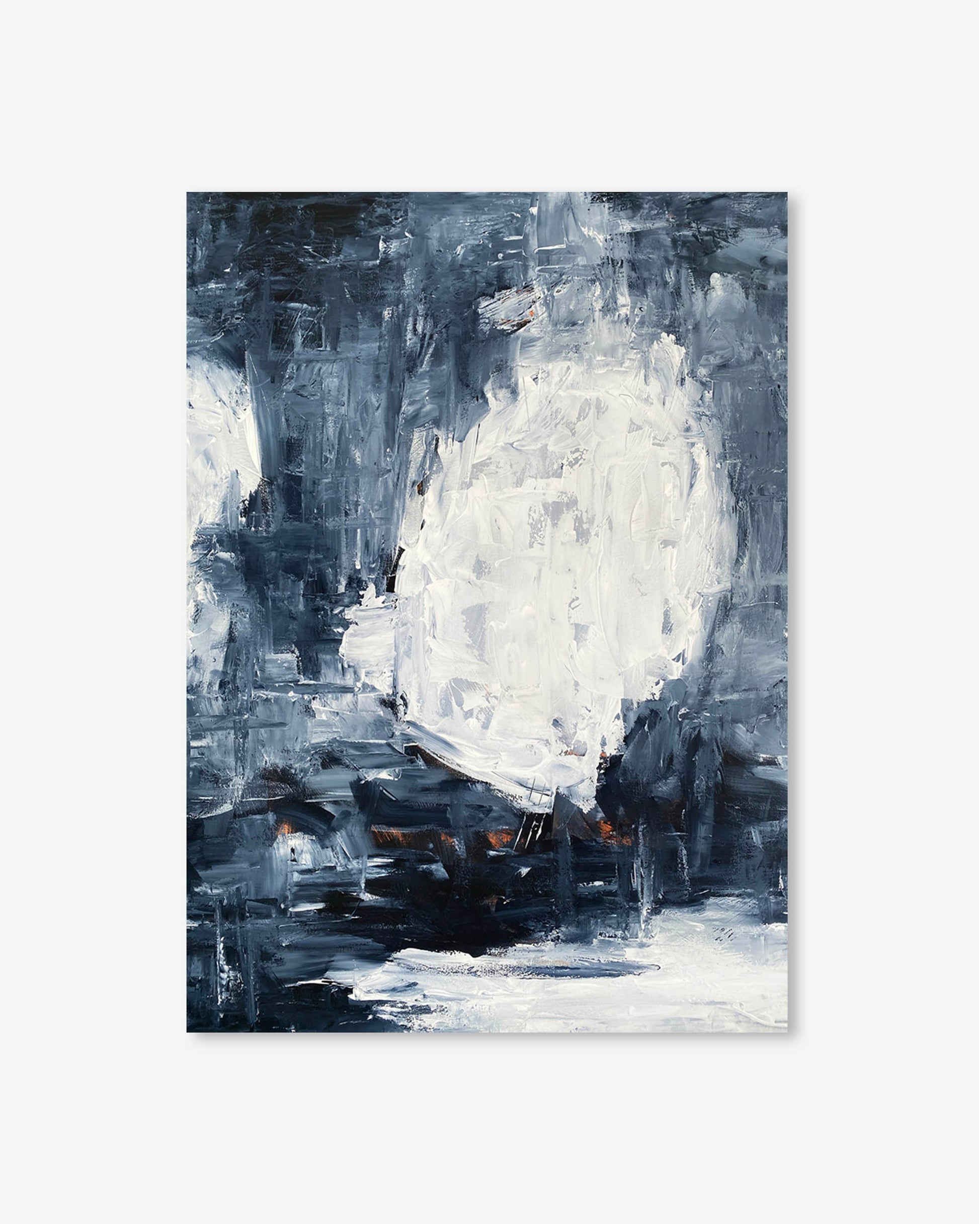Abstract painting with a prominent white circle on a gray background