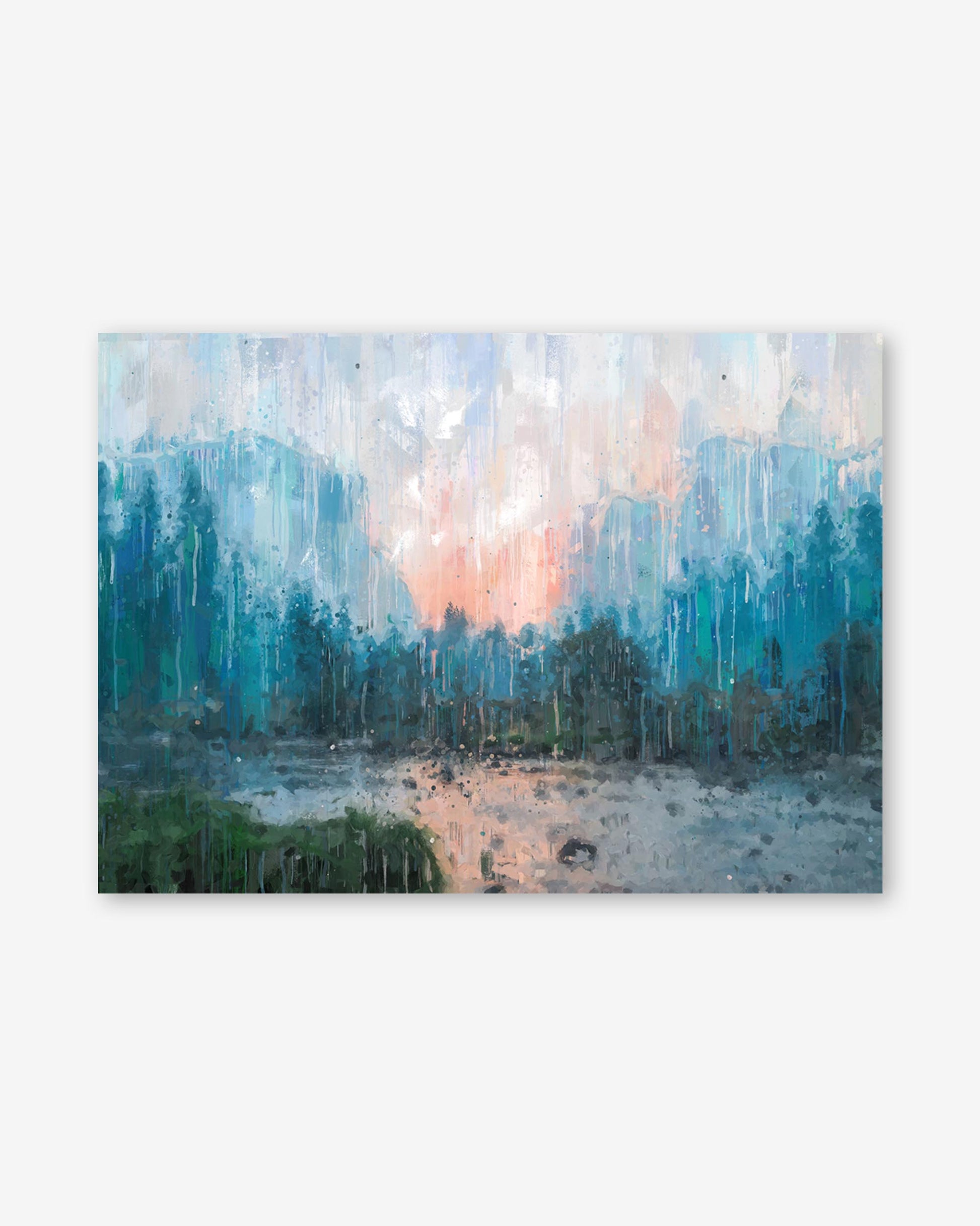 Abstract painting of a landscape with trees and a sunset.