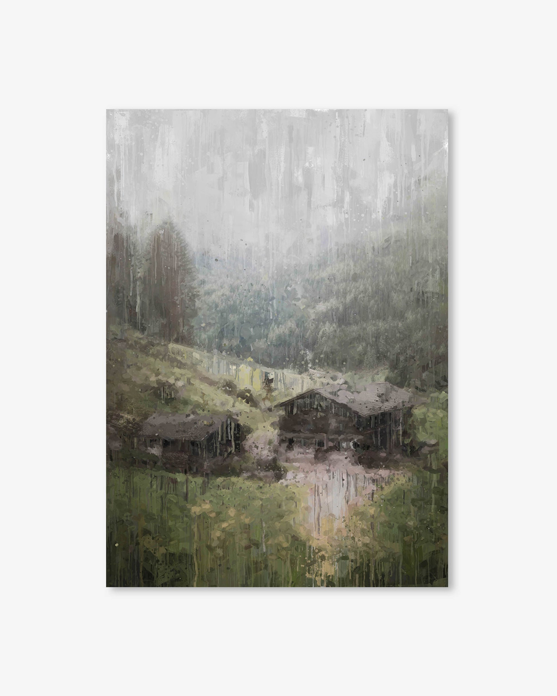 Landscape painting of two wooden cabins by a lake with misty mountains.