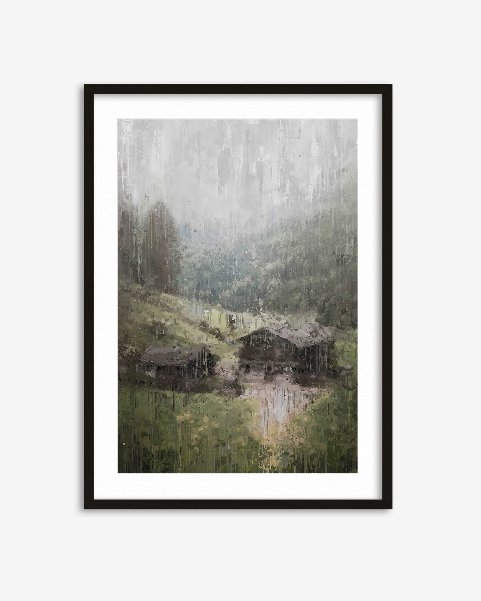 Framed artwork of a misty forest scene with wooden structures.