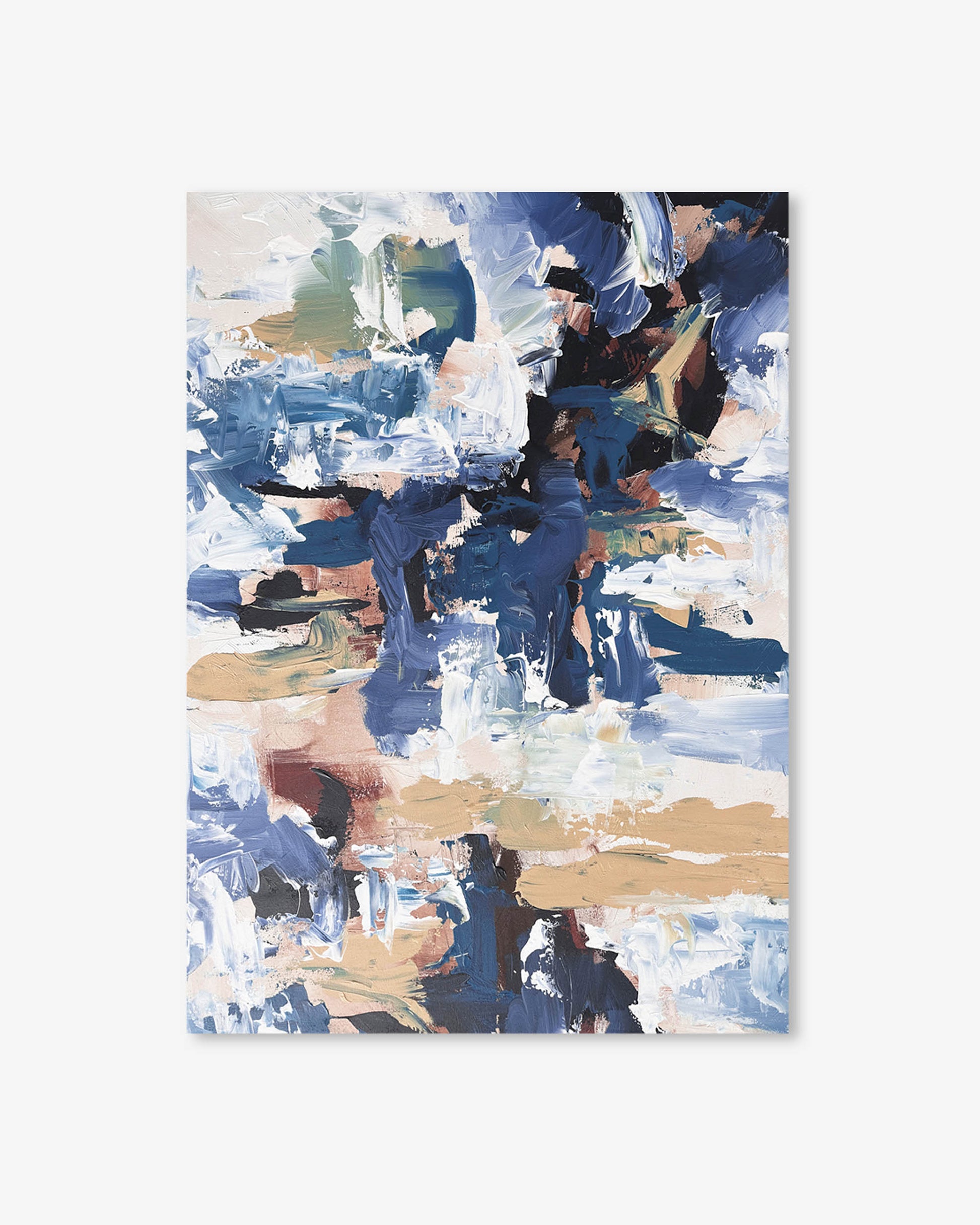 Abstract art print with blue, beige, and white colors on a white background