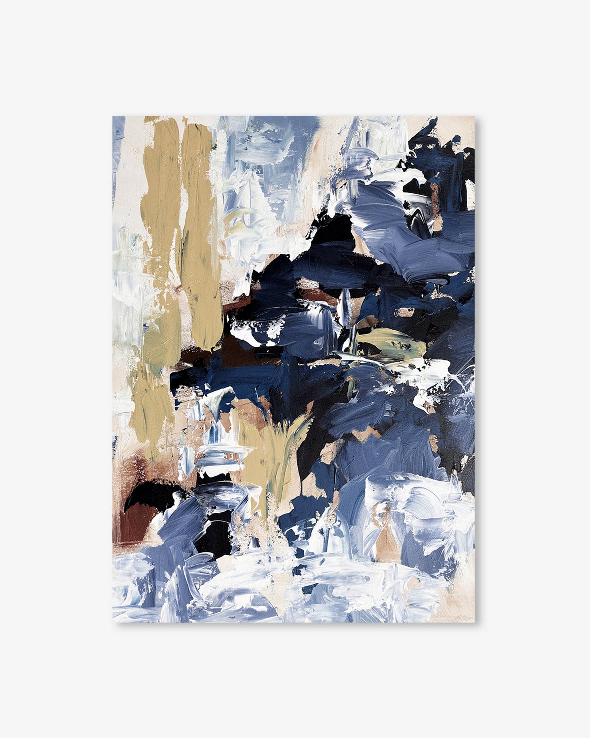 Abstract art print with blue, gold, and black abstract brush strokes on a white background