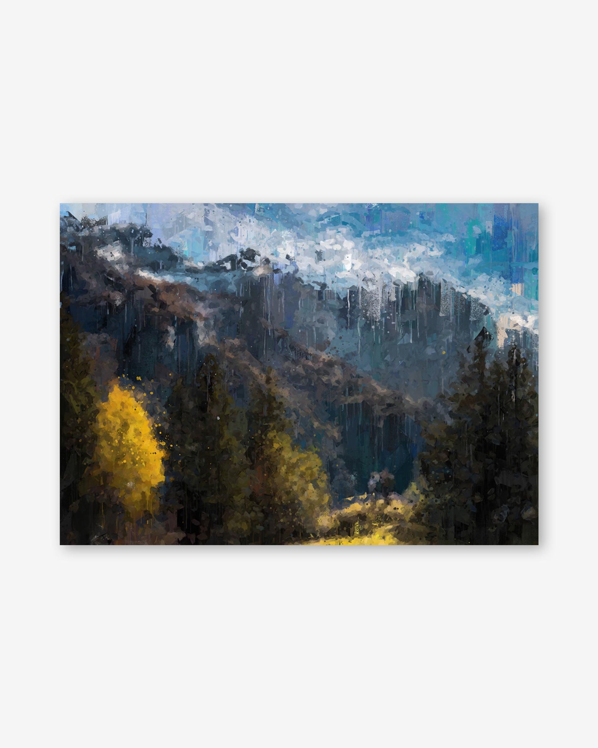 Mountain landscape with trees and a city skyline in the distance