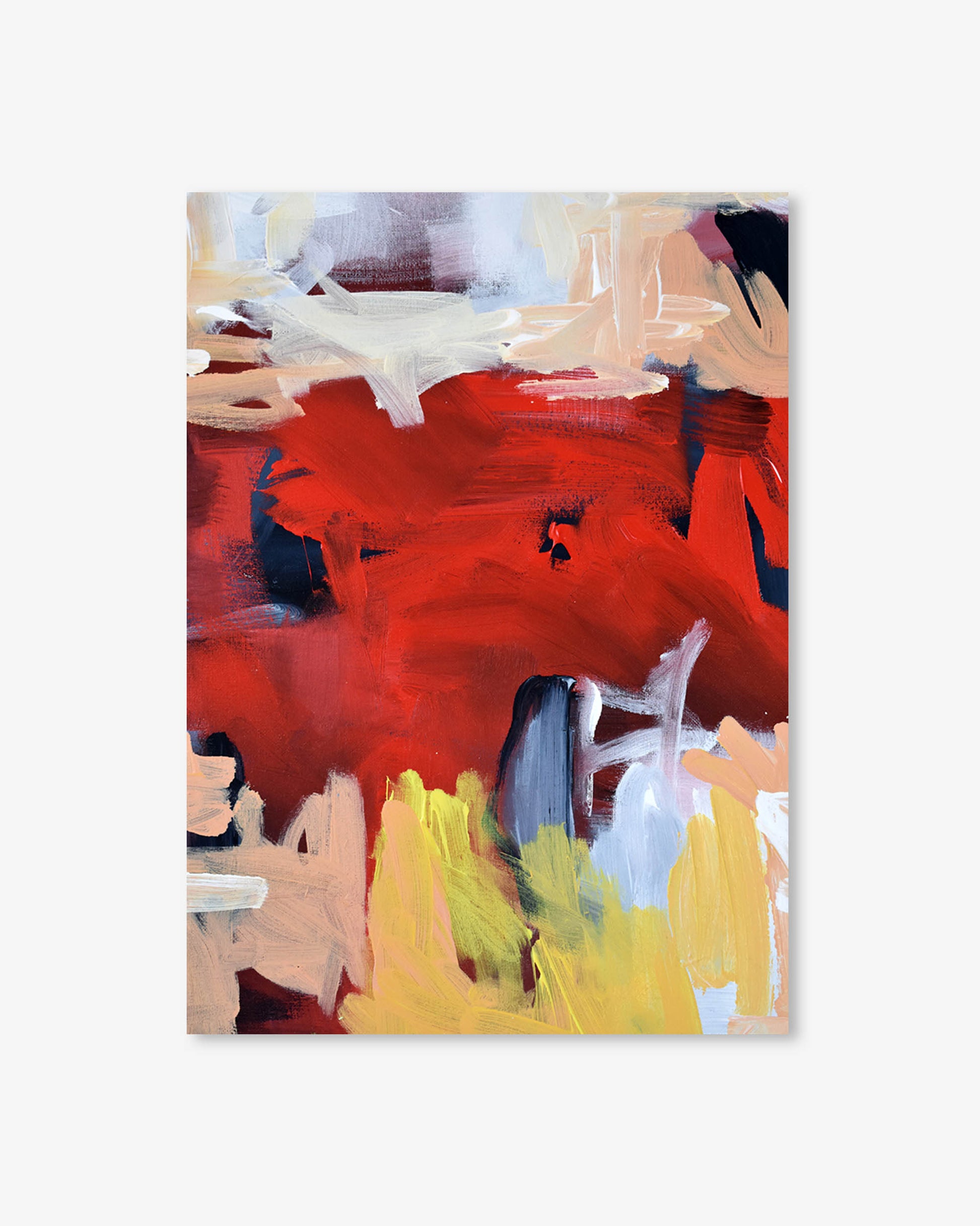 Abstract painting with red, yellow, and white colors on a white background
