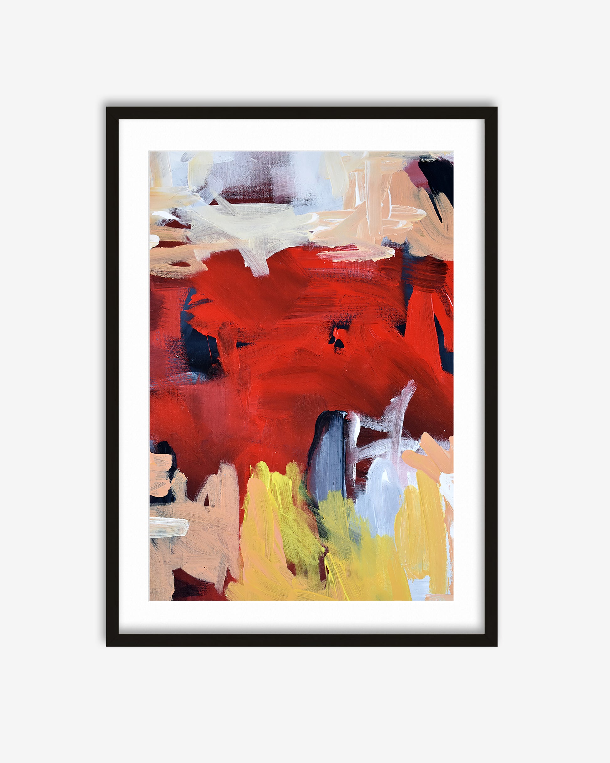 Abstract painting with bold red, yellow, and blue colors in a black frame.