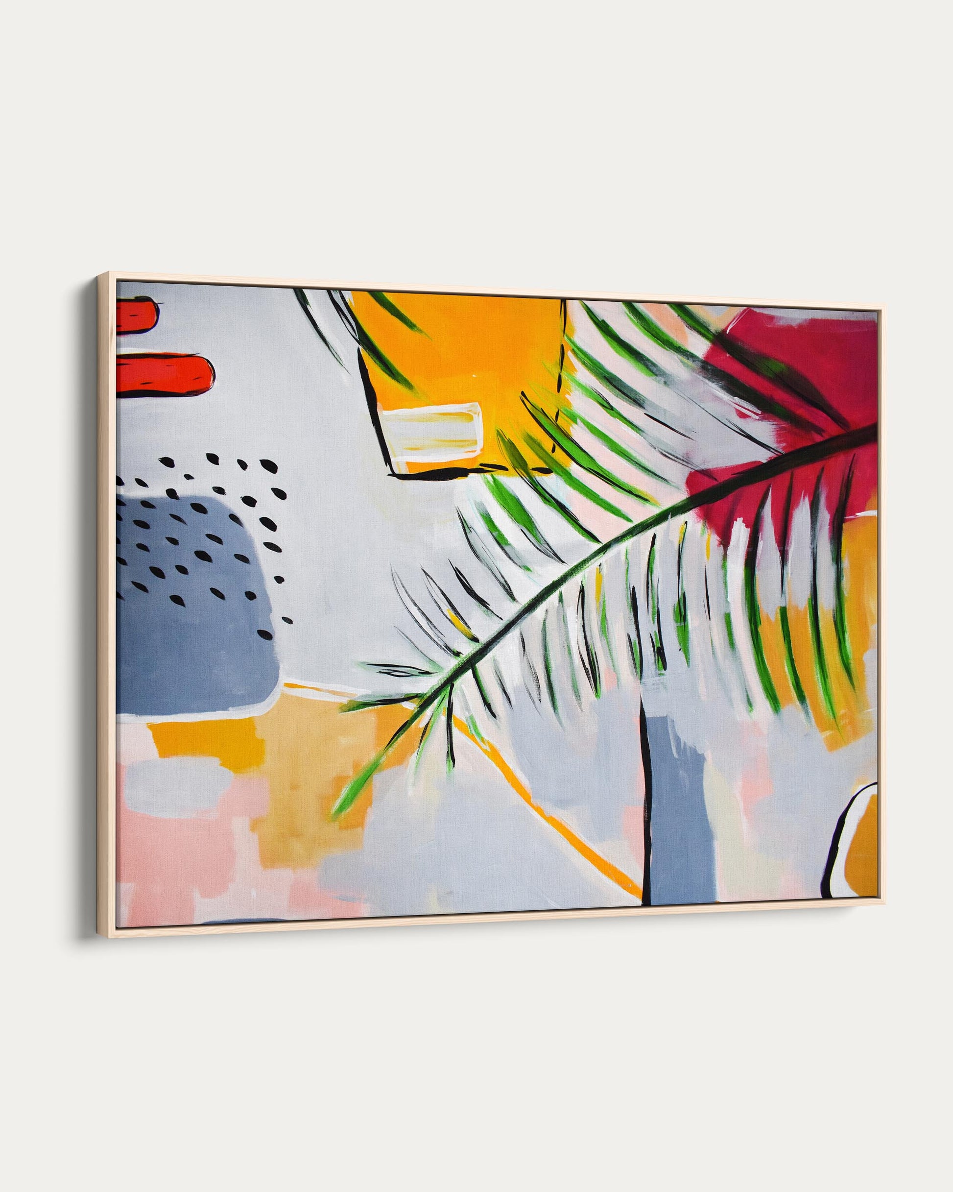 Abstract art print with colorful shapes and a leaf on a white background