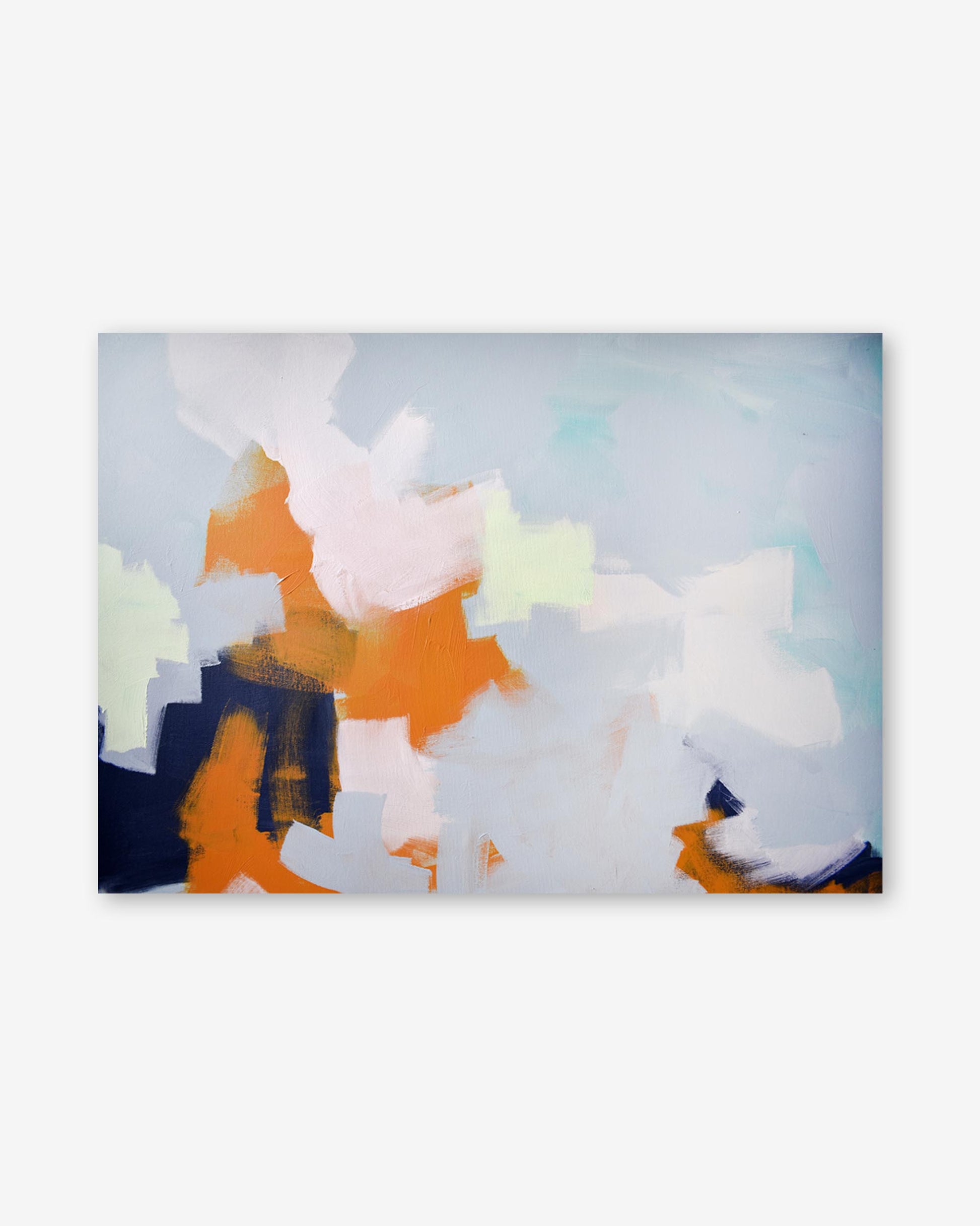 Abstract art piece with colorful shapes on a light blue background