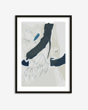 Framed abstract art with blue and black brush strokes on a light background