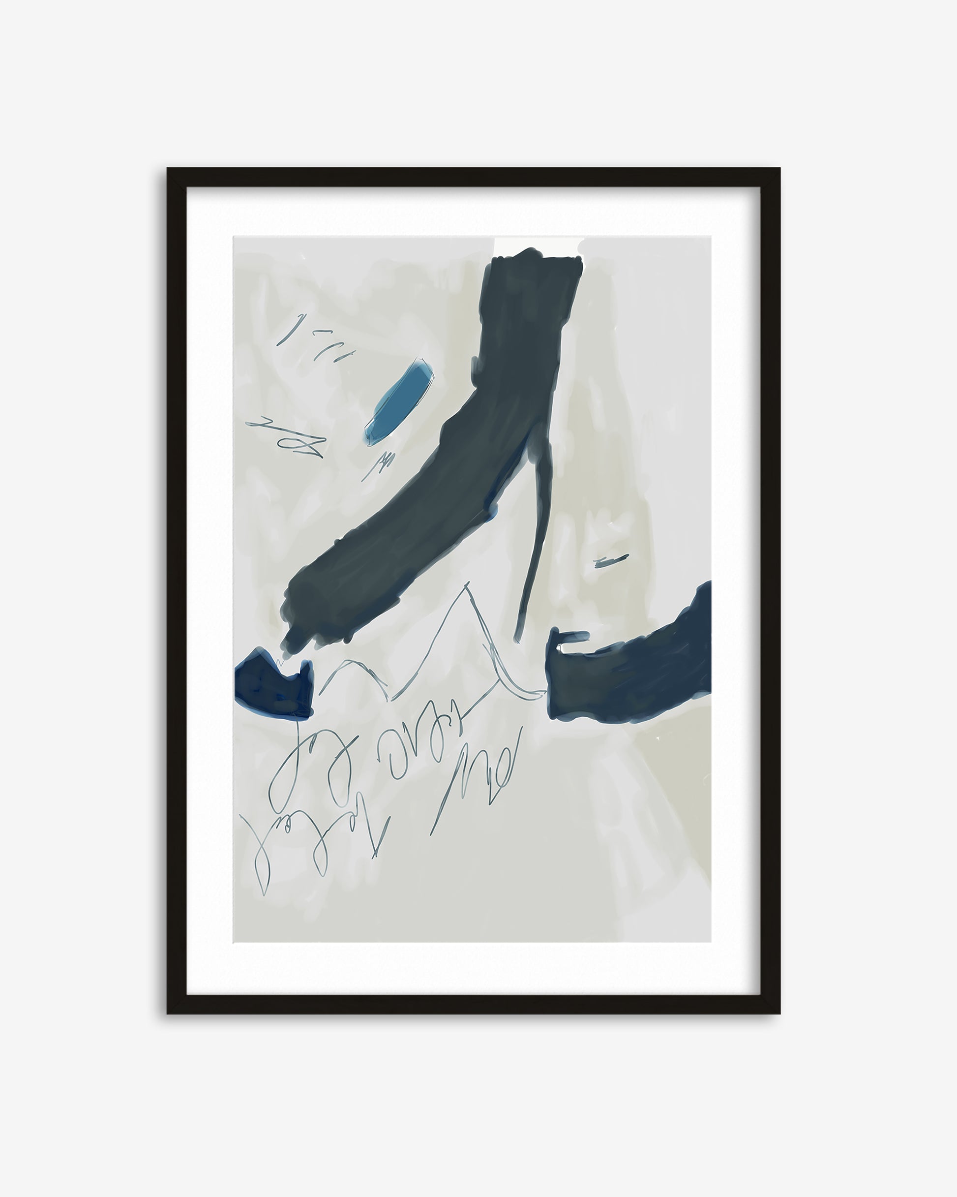 Framed abstract art with blue and black brush strokes on a light background