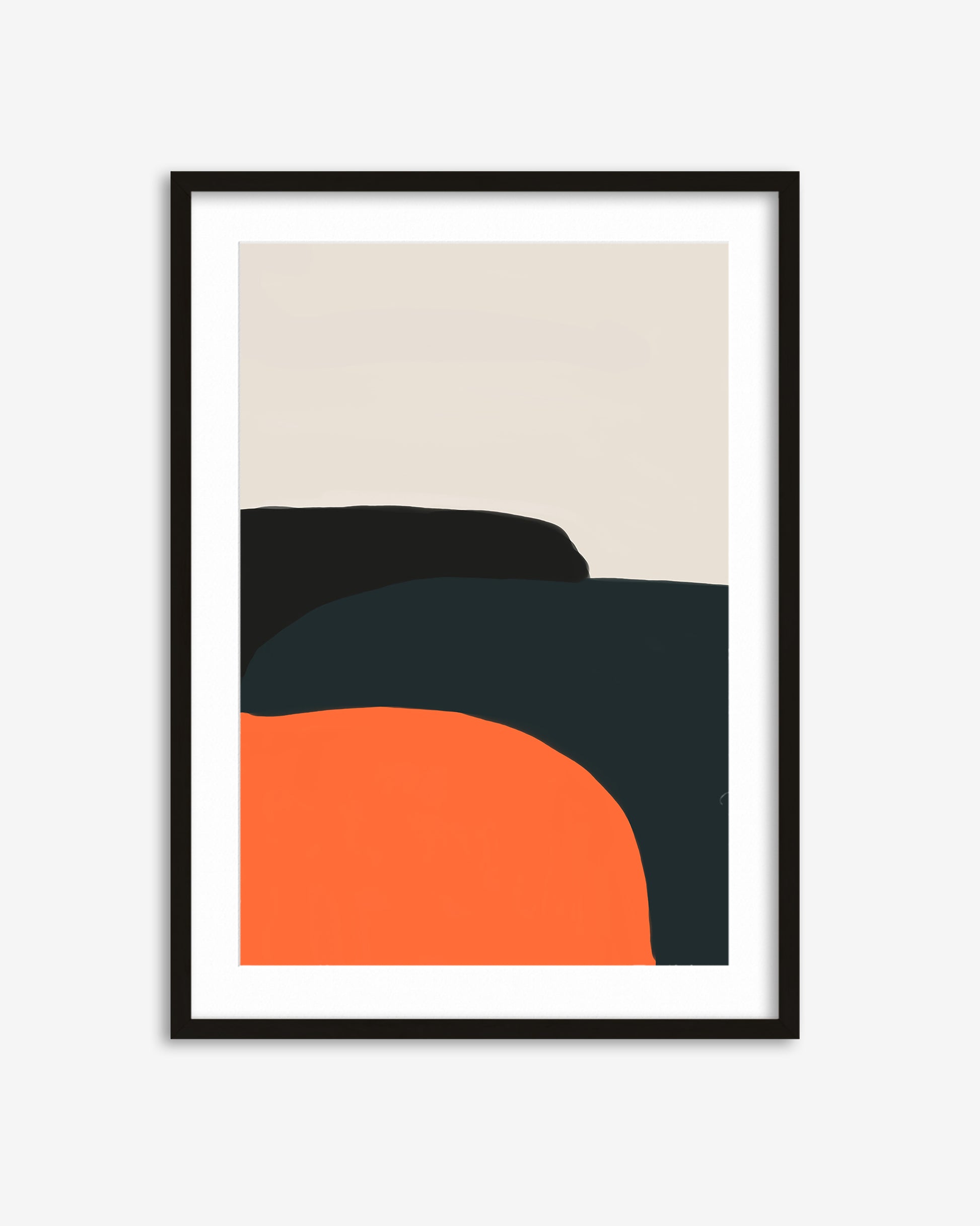 Framed abstract art print with black and orange shapes on a beige background