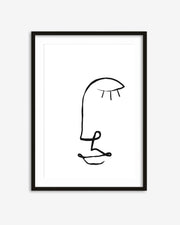 Framed black line art of a face on a white background