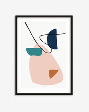Abstract art print with geometric shapes in blue, pink, and brown on a white background