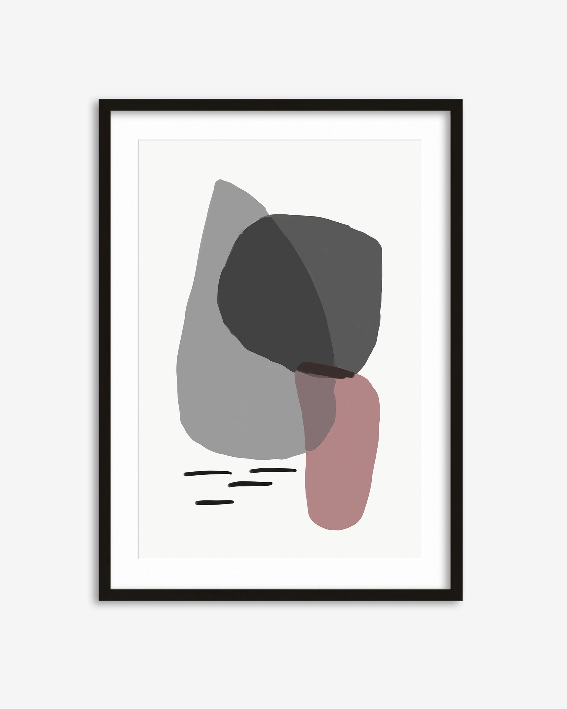 Framed abstract art print with geometric shapes on a white background