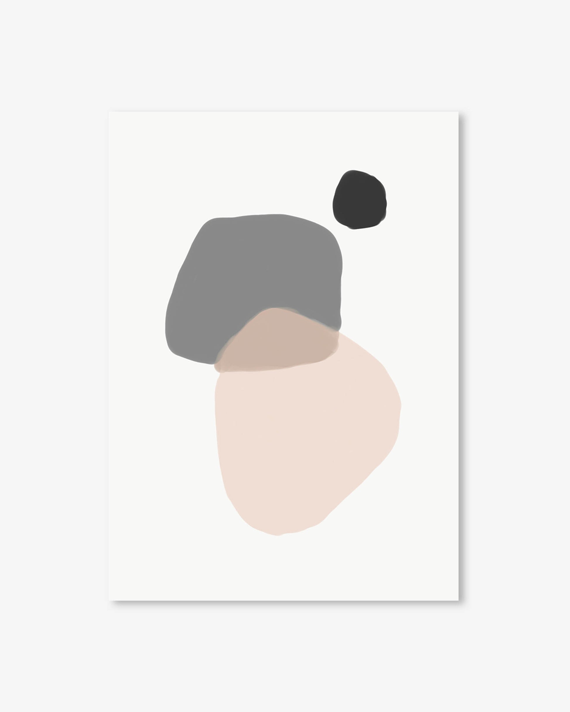Abstract art print with geometric shapes in gray, black, and pink on a white background