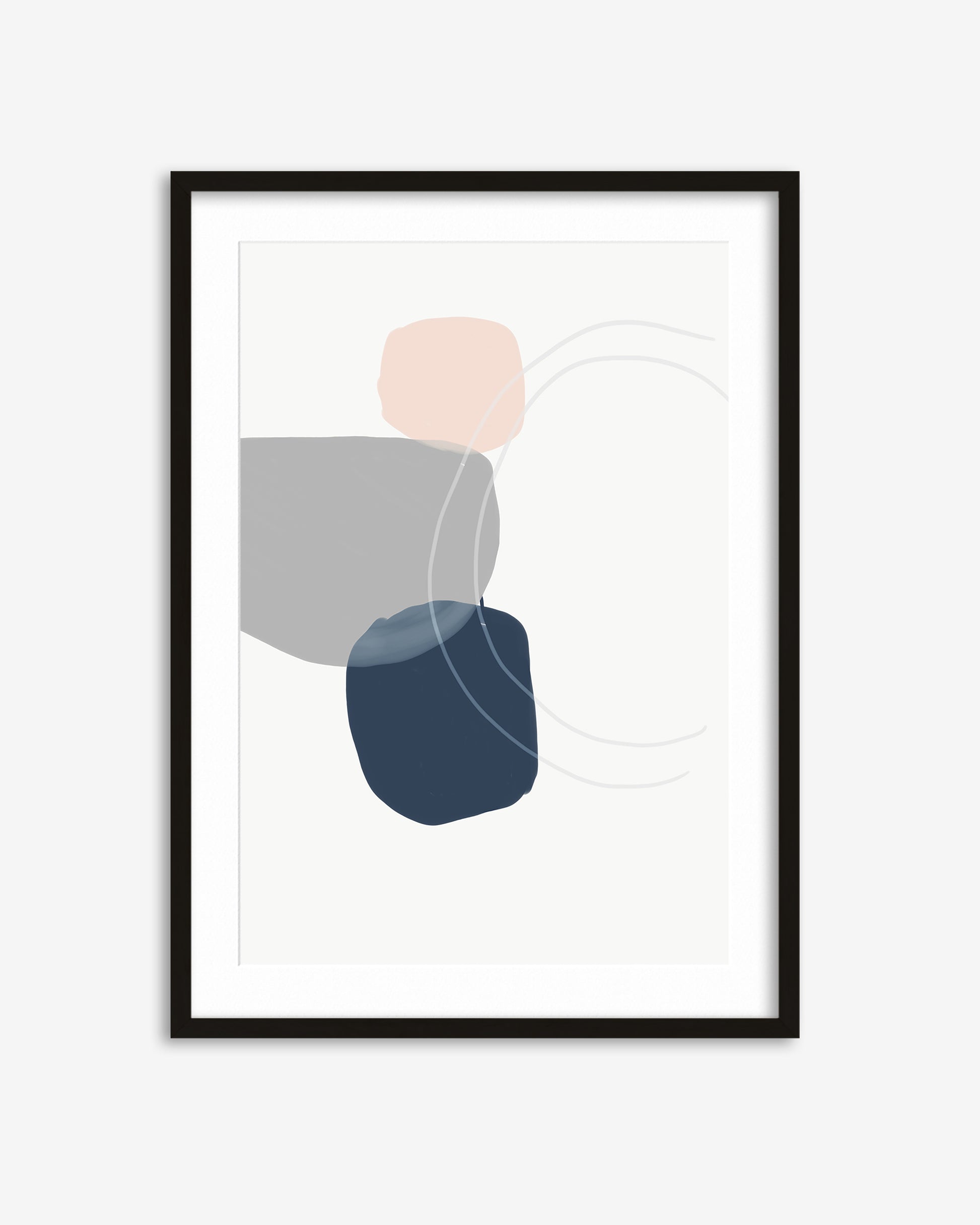 Framed abstract art print with geometric shapes on a white background