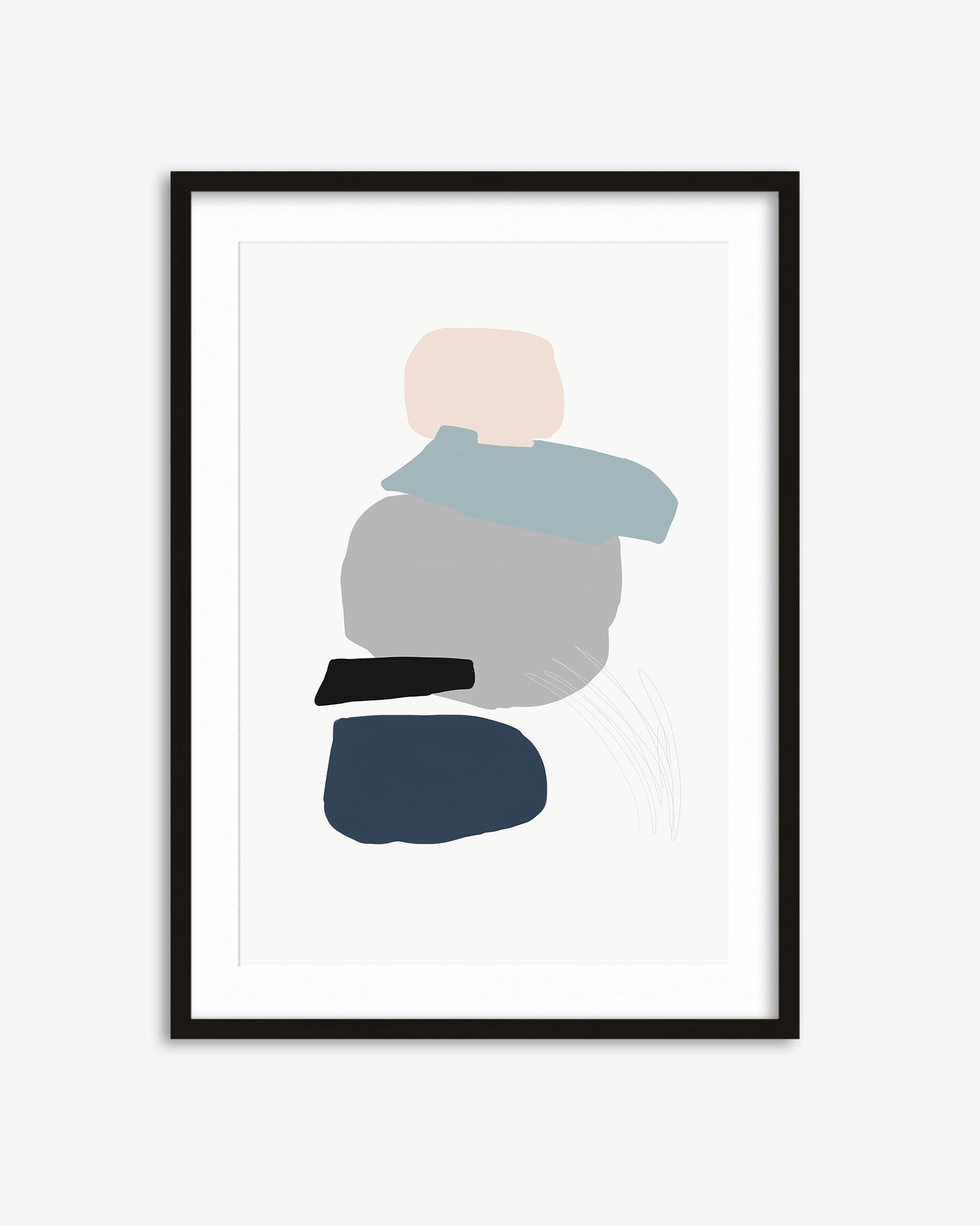 Framed abstract art print with geometric shapes on a white background