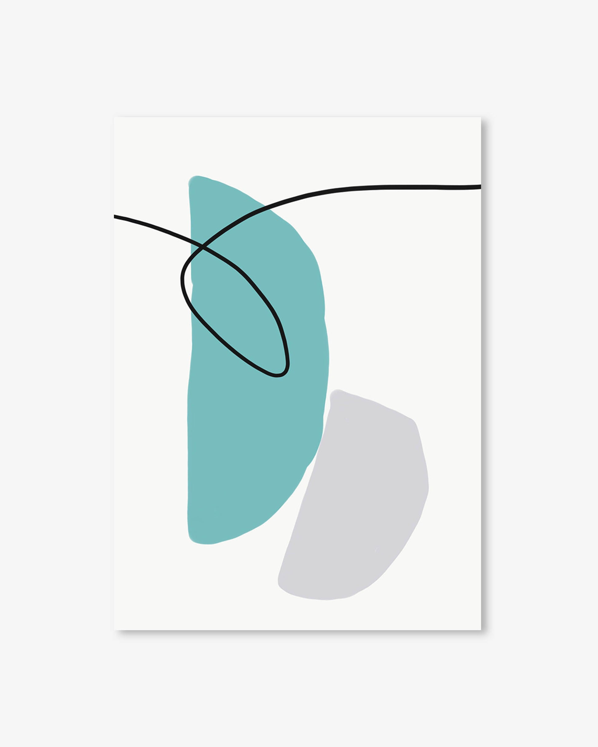 Abstract art print with teal, gray, and black shapes on a white background