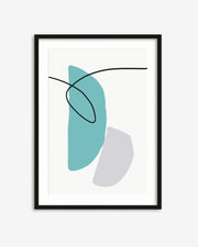 Framed abstract art print with blue and gray shapes on a white background