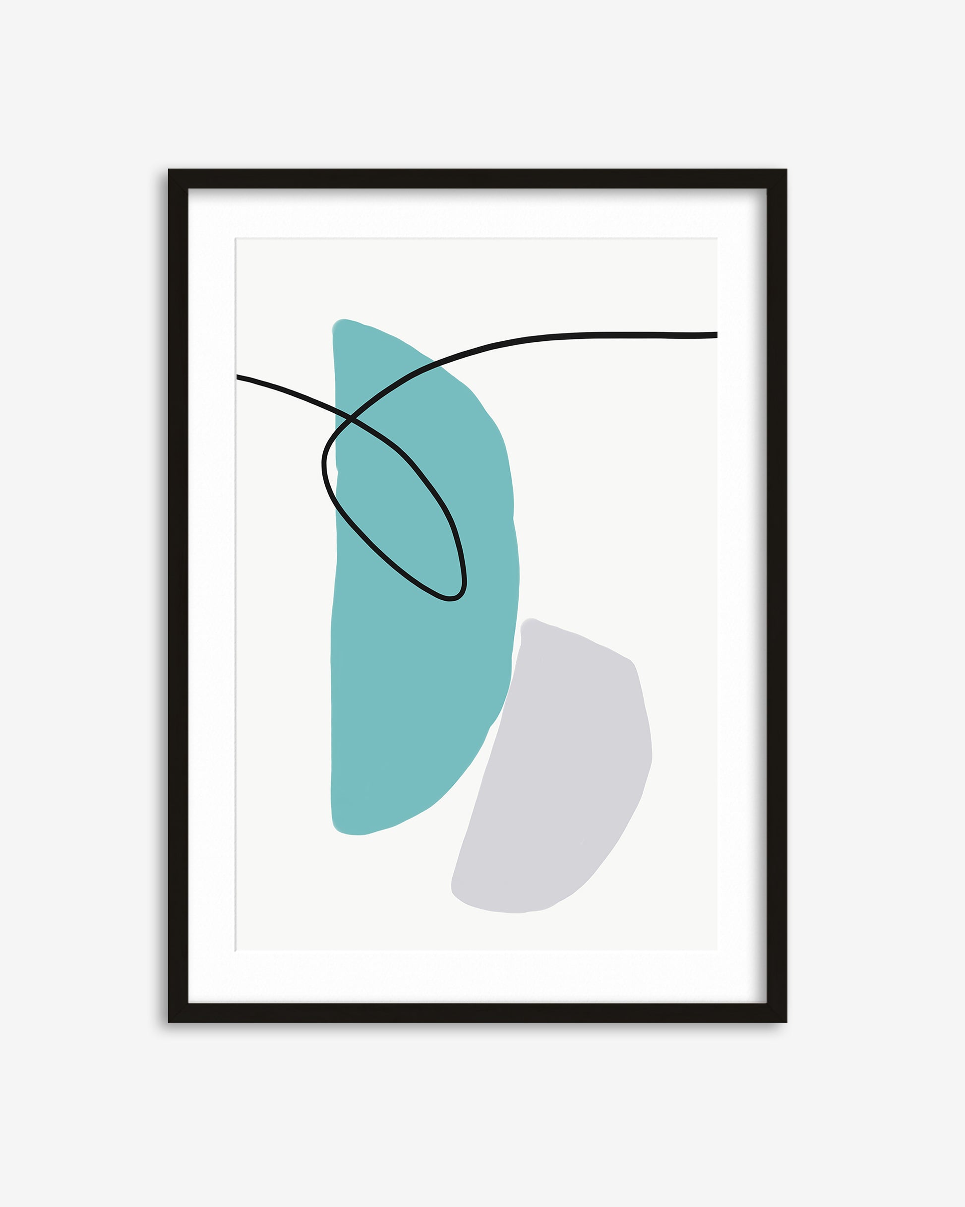 Framed abstract art print with blue and gray shapes on a white background