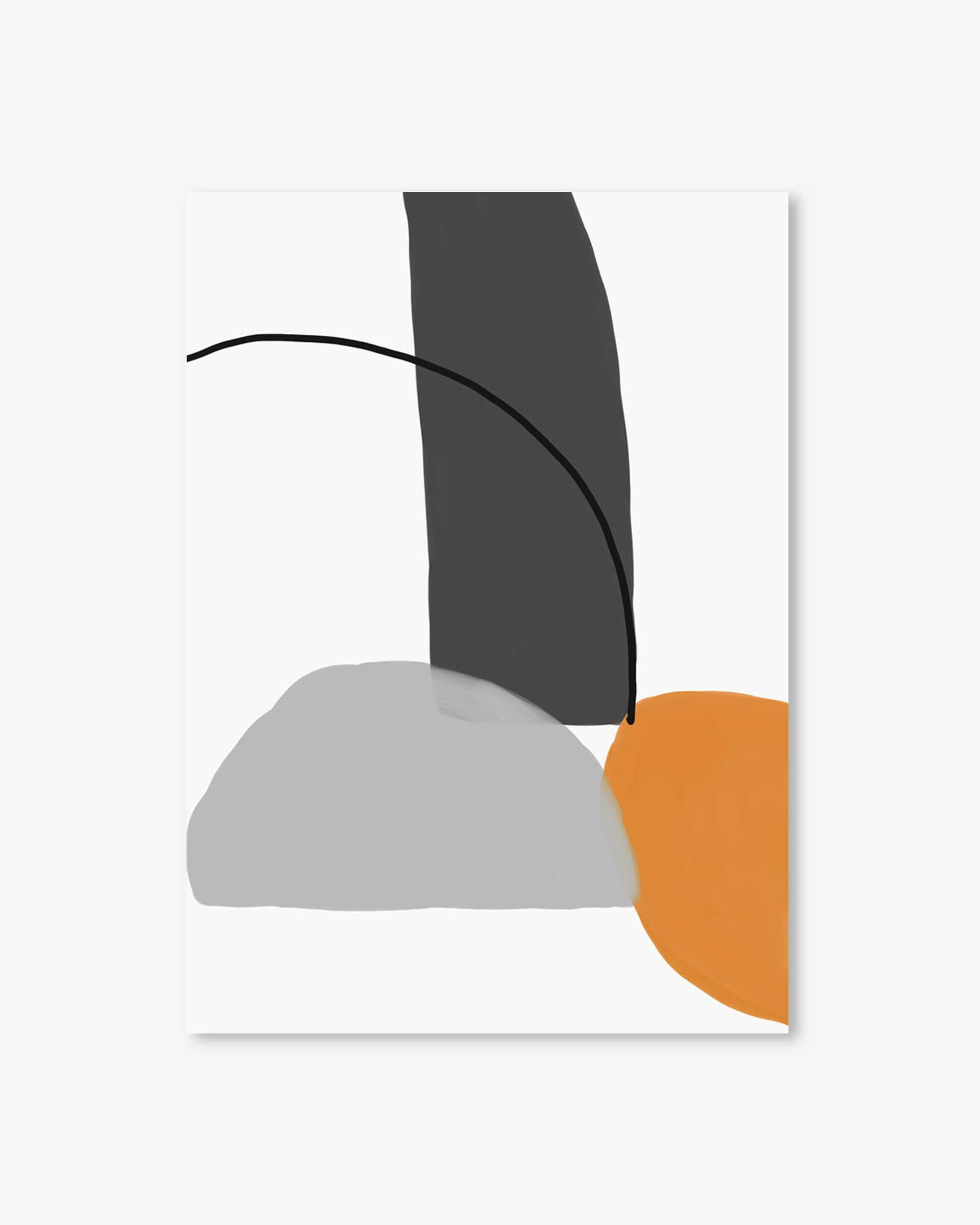 Abstract art print with geometric shapes in black, gray, and orange on a white background