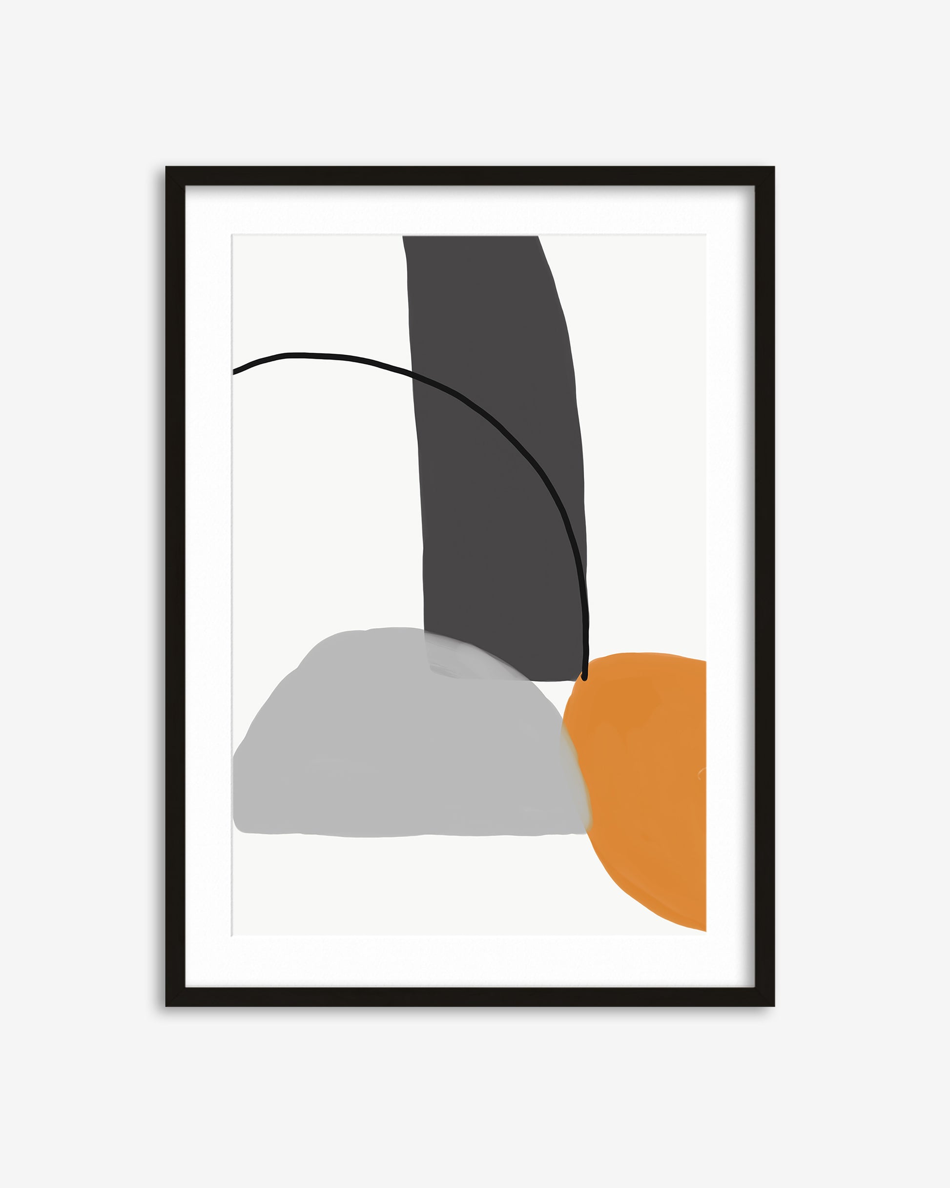 Framed abstract art print with geometric shapes on a white background