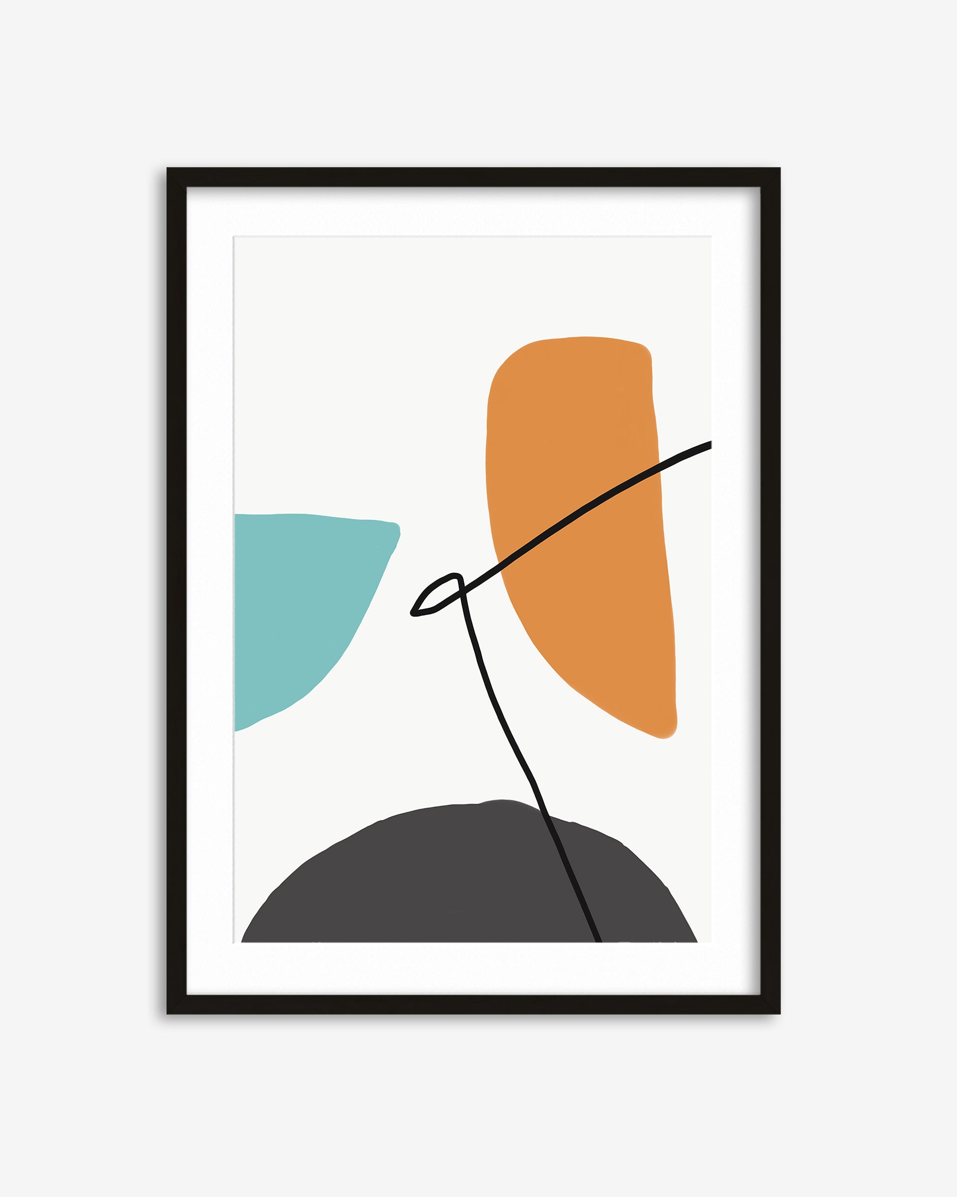 Framed abstract art print with geometric shapes on a white background