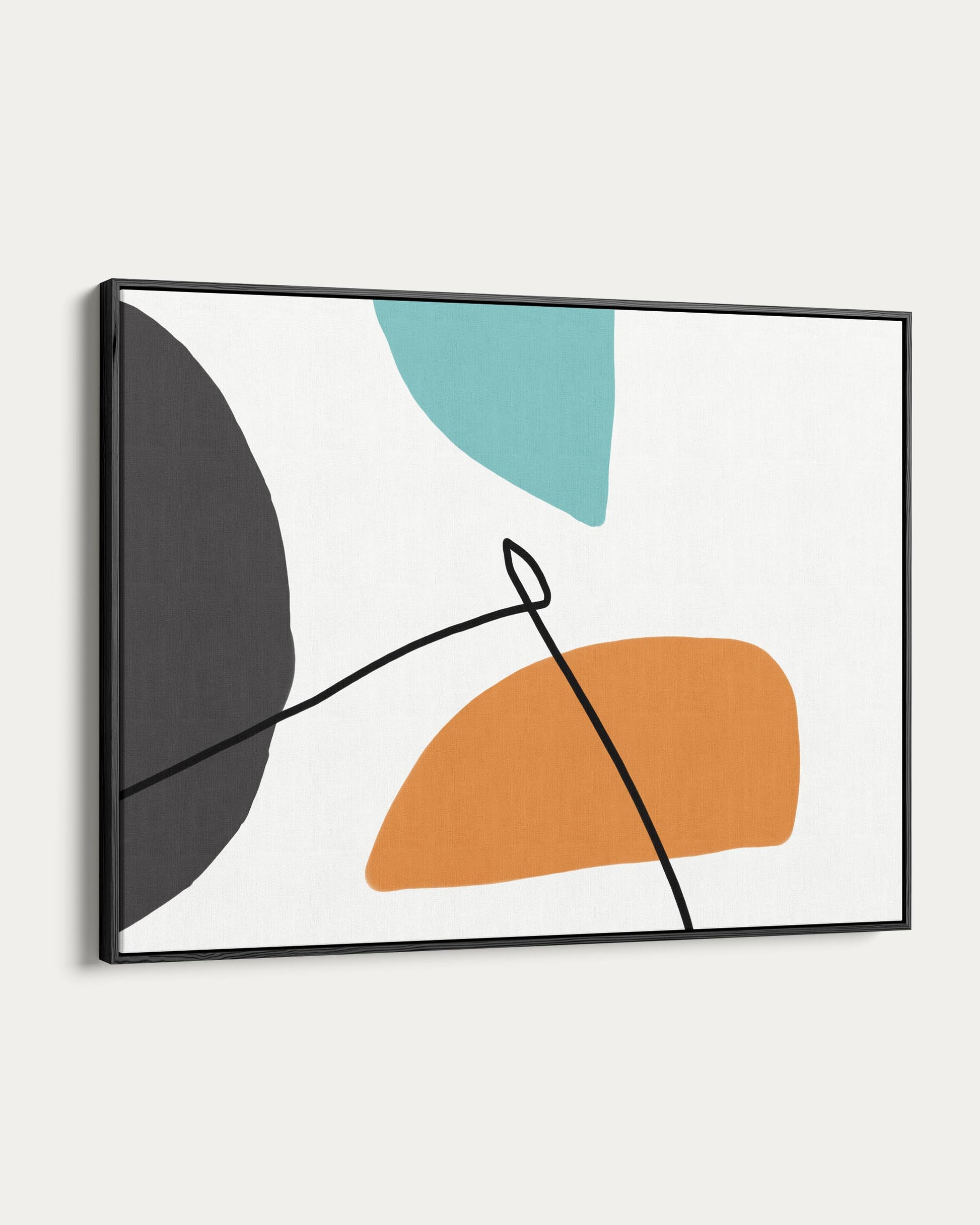 Abstract art print with geometric shapes in black, orange, and teal on a white background