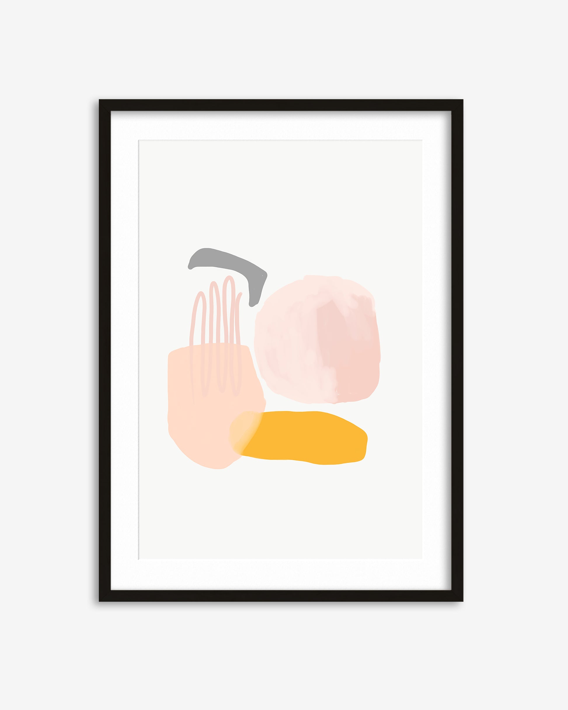 Framed abstract art print with geometric shapes on a white background