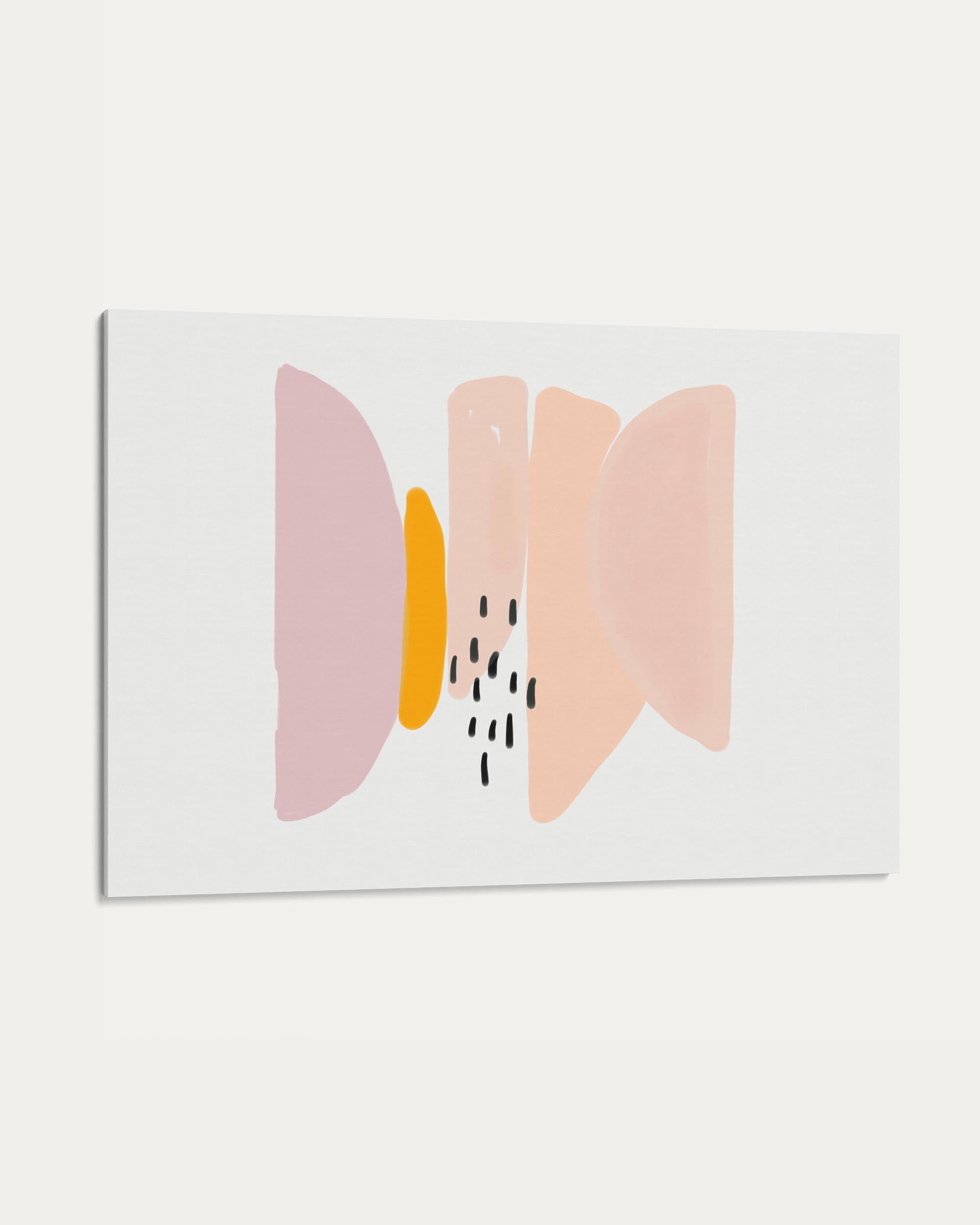 Abstract art piece with pink, orange, and yellow shapes on a white background
