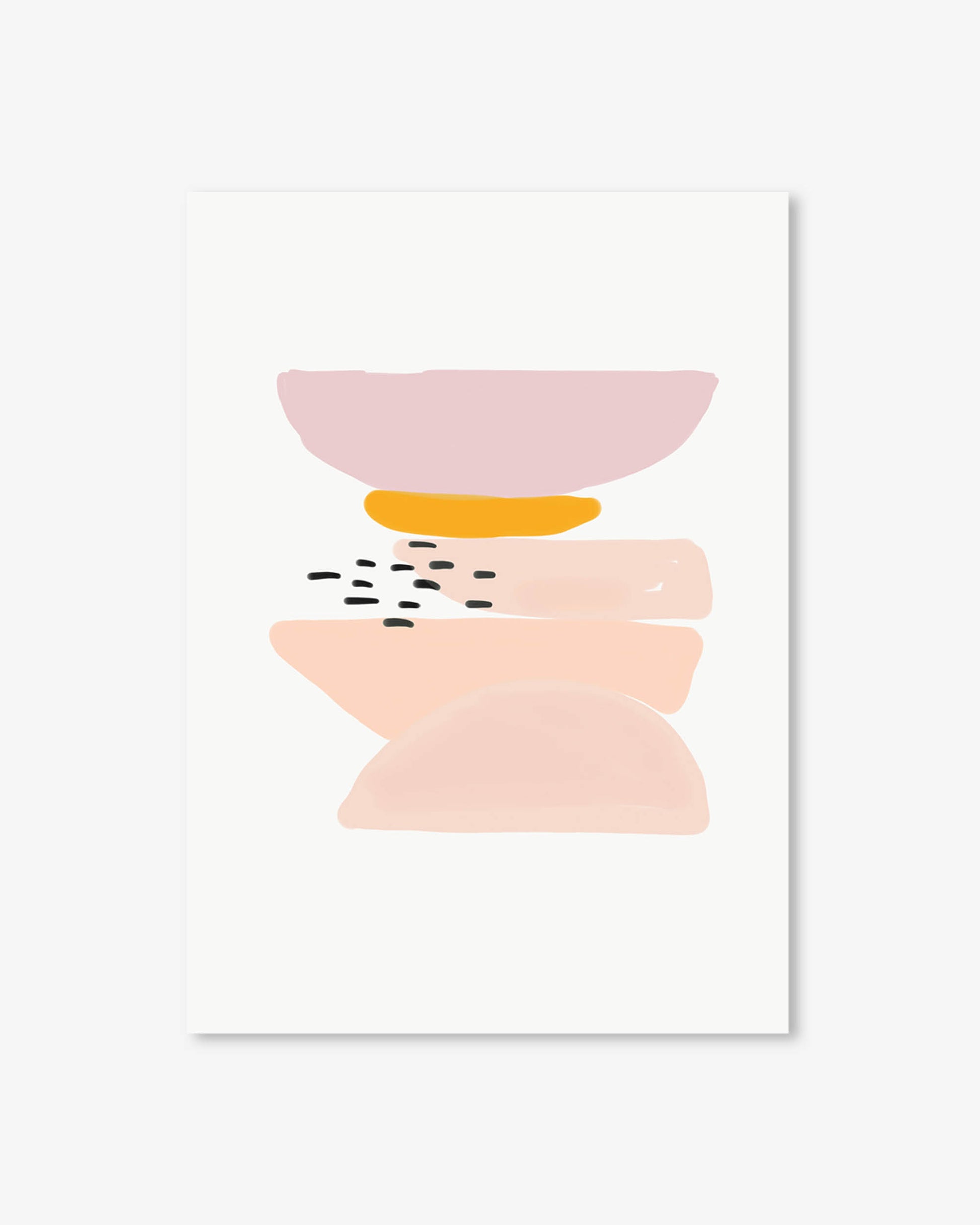 Abstract art print with stacked geometric shapes in pink, orange, and black on a white background