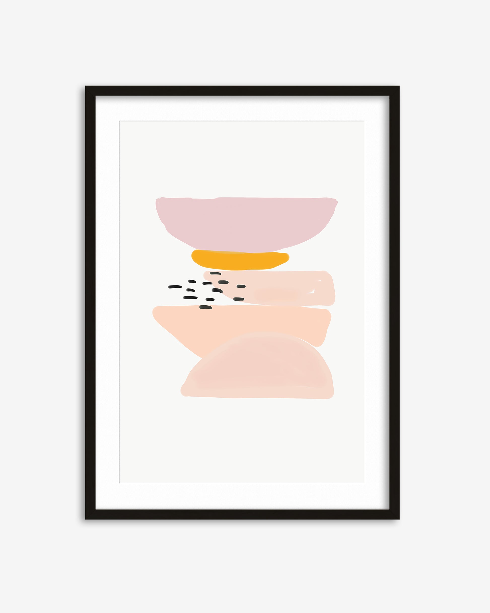 Framed abstract art print with pink and orange shapes on a white background