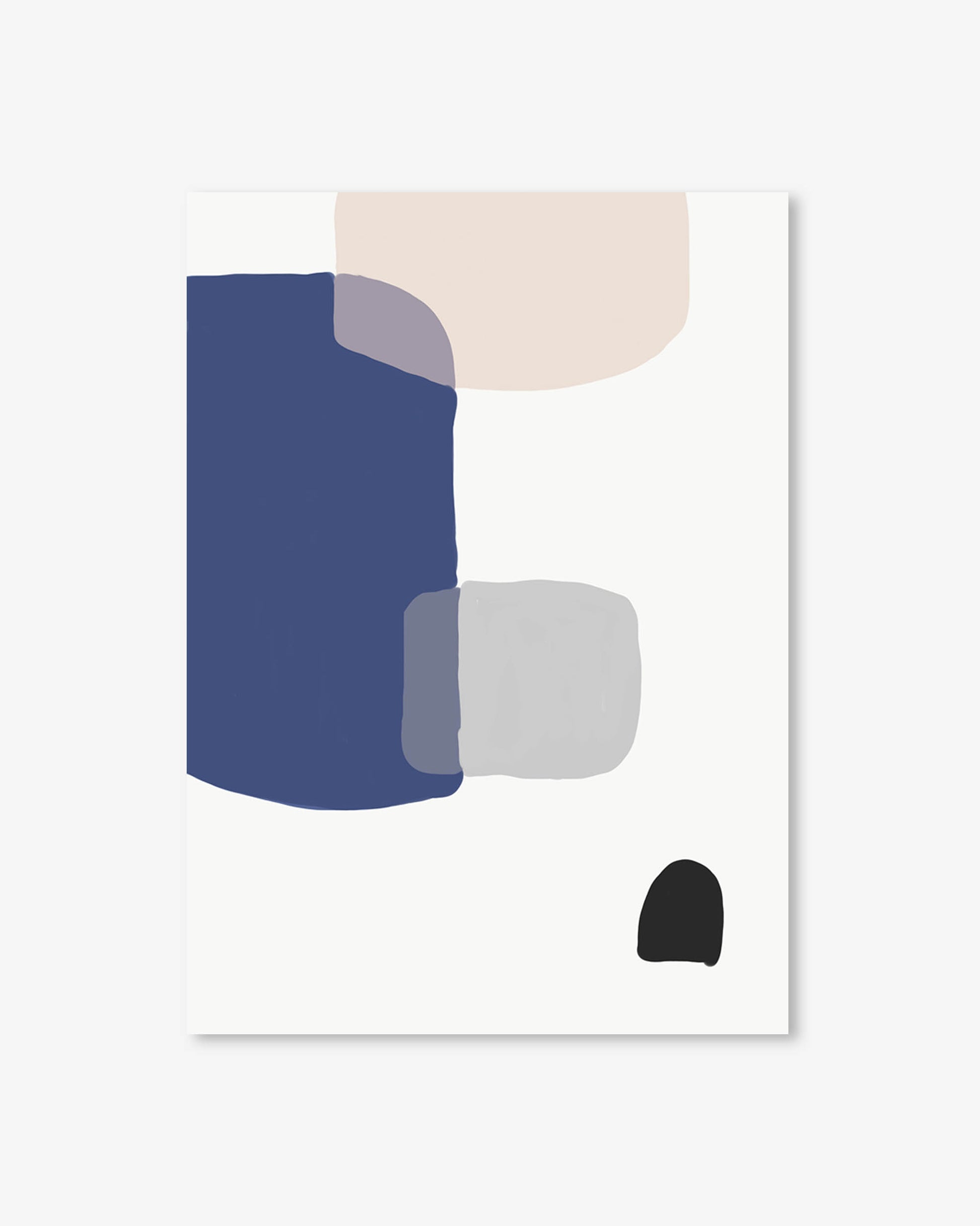 Abstract art print with geometric shapes in blue, beige, gray, and black on a white background