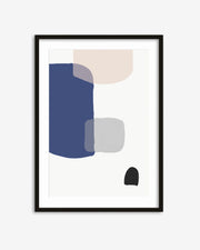 Framed abstract art print with geometric shapes on a white background