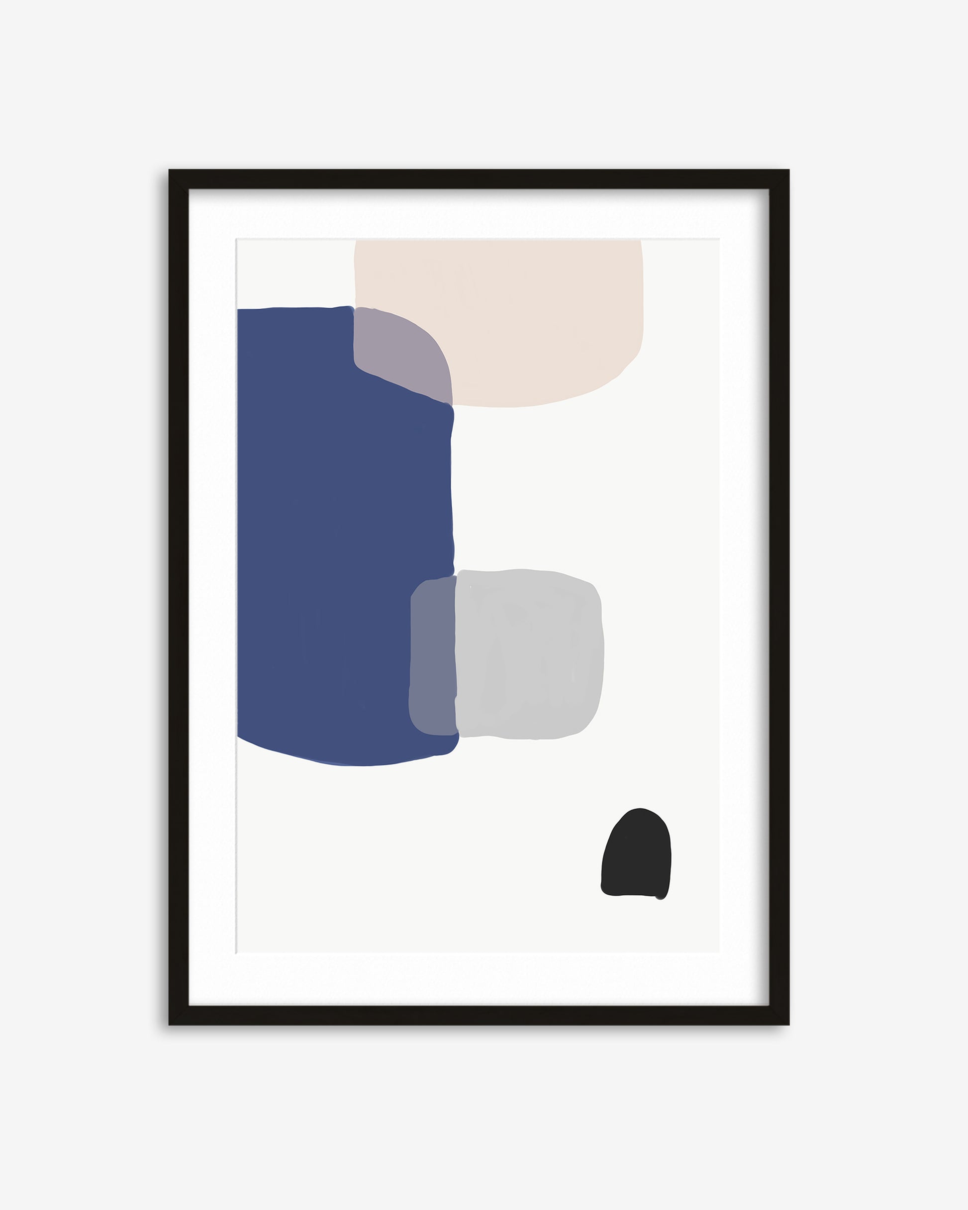 Framed abstract art print with geometric shapes on a white background