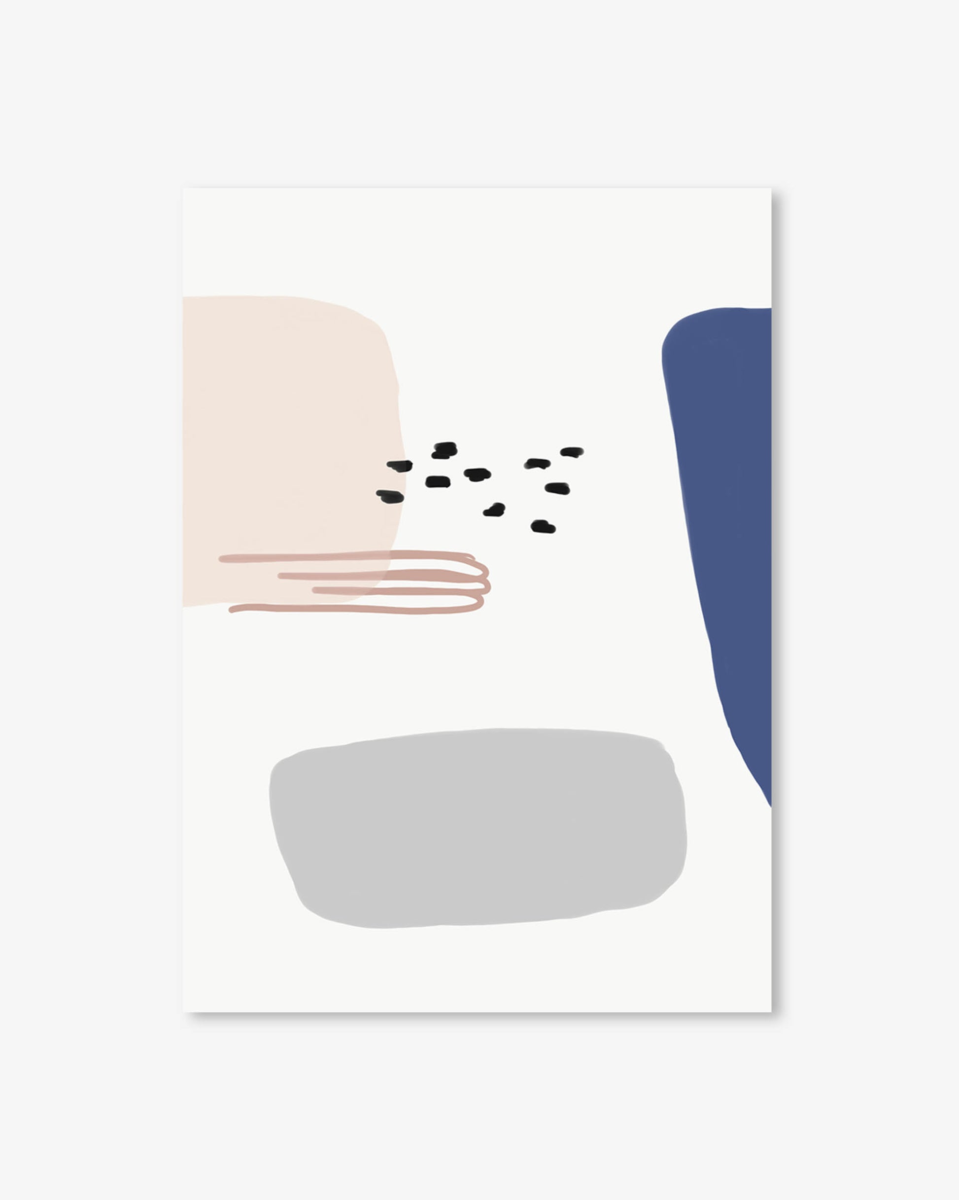 Abstract art print with geometric shapes in pink, blue, and gray on a white background