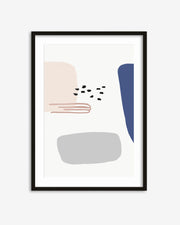 Framed abstract art print with geometric shapes on a white background