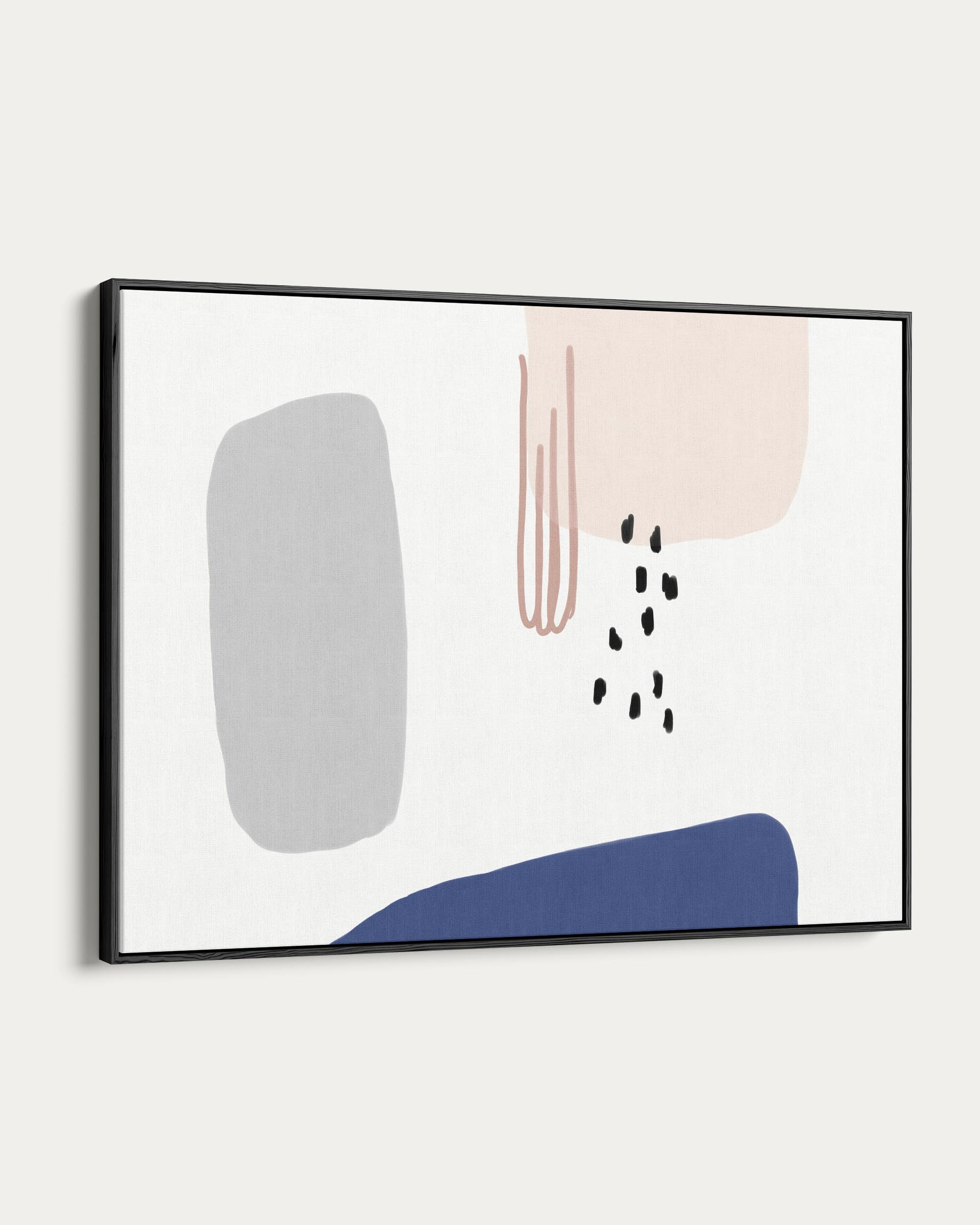 Framed abstract art with geometric shapes on a white background