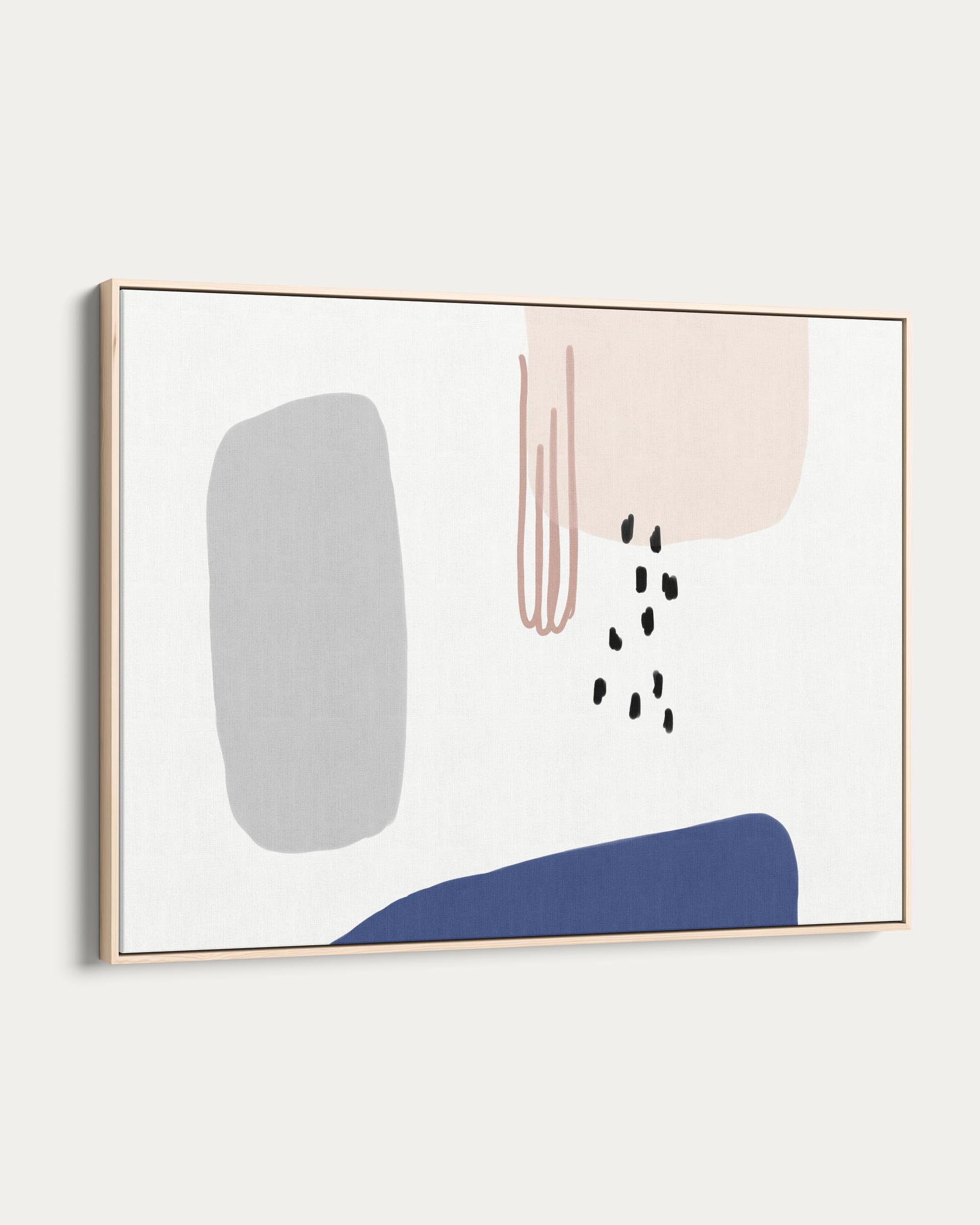 Abstract art print with geometric shapes in gray, blue, and pink on a white background