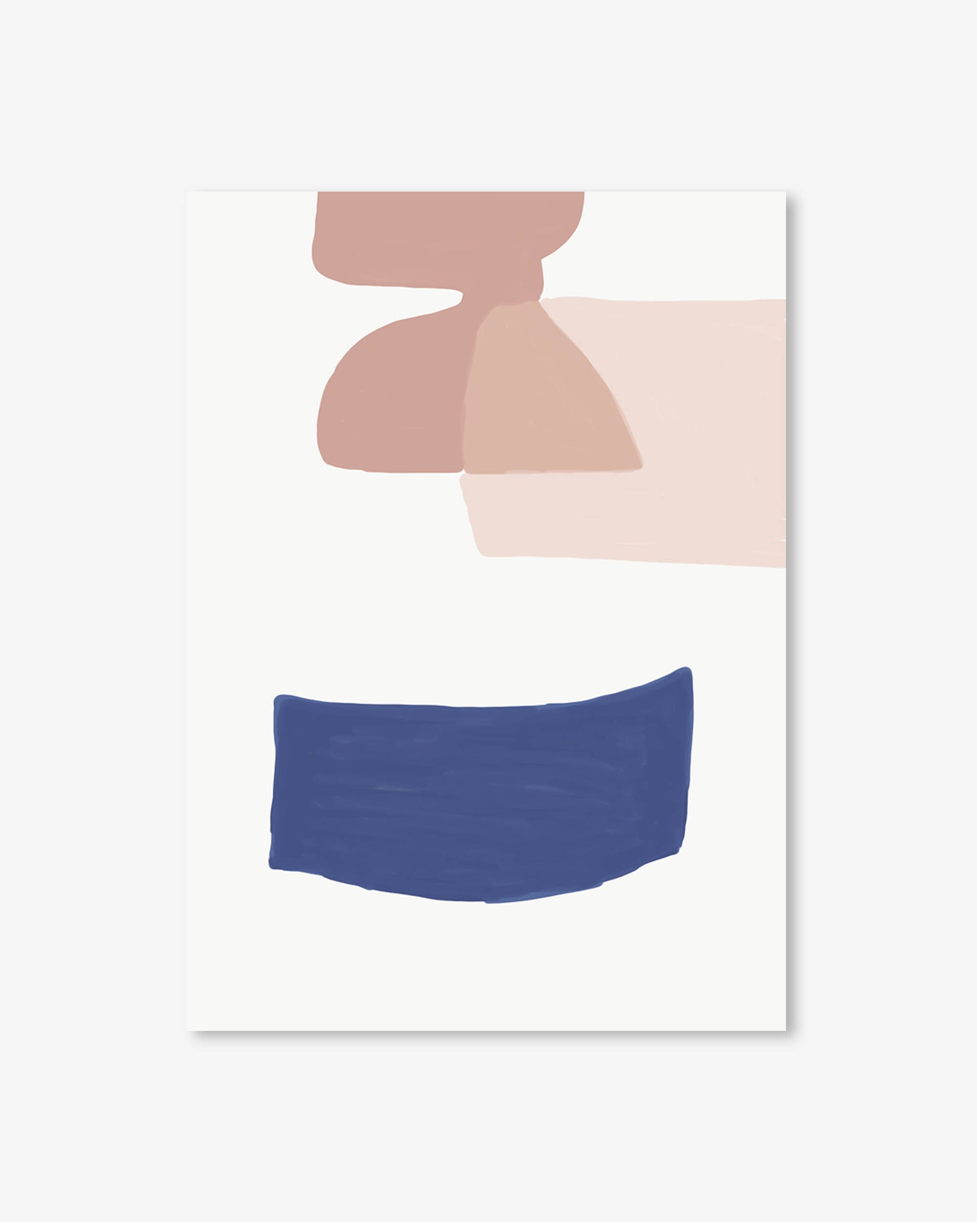 Abstract art print with geometric shapes in pink, blue, and beige on a white background