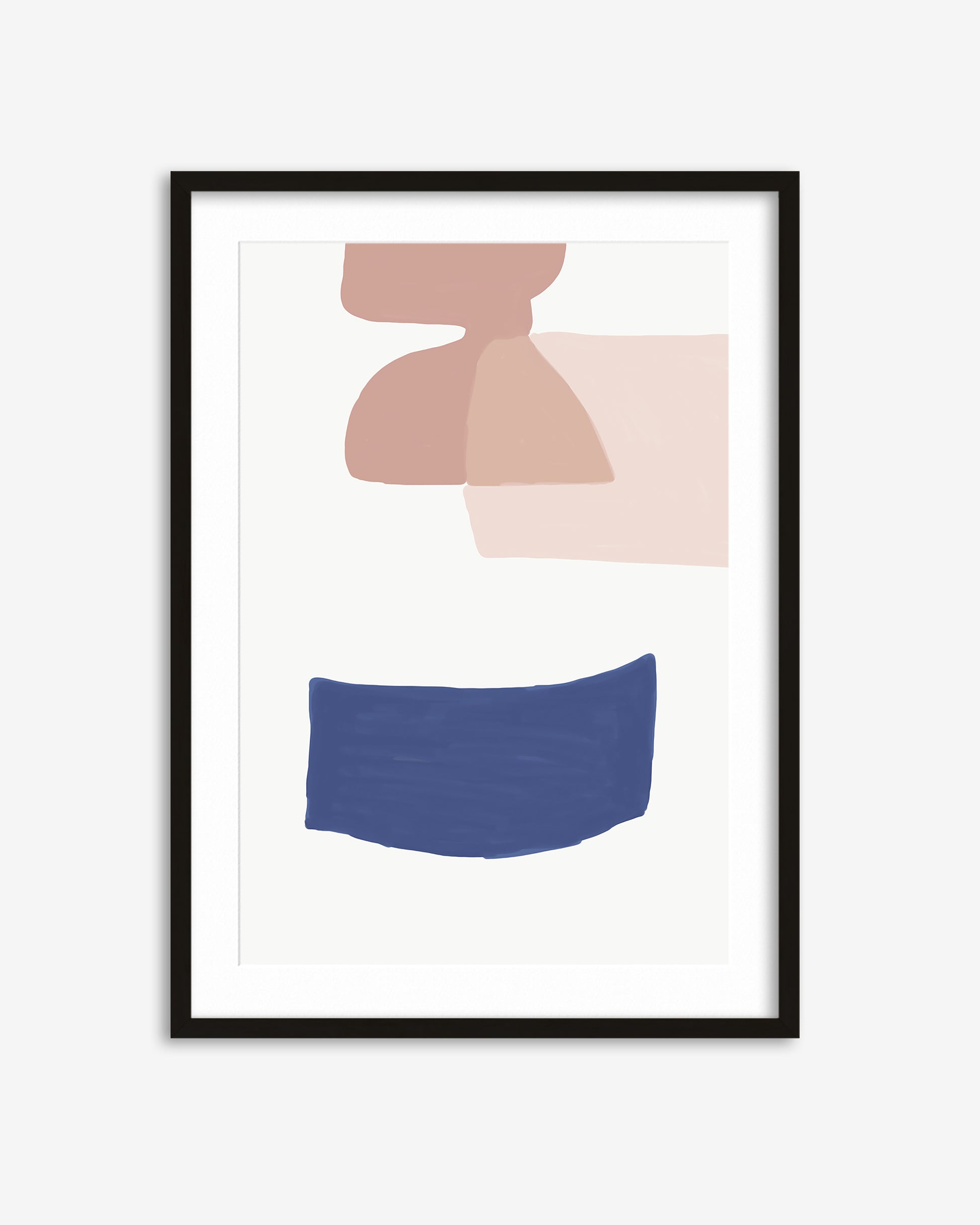Framed abstract art print with geometric shapes on a white background