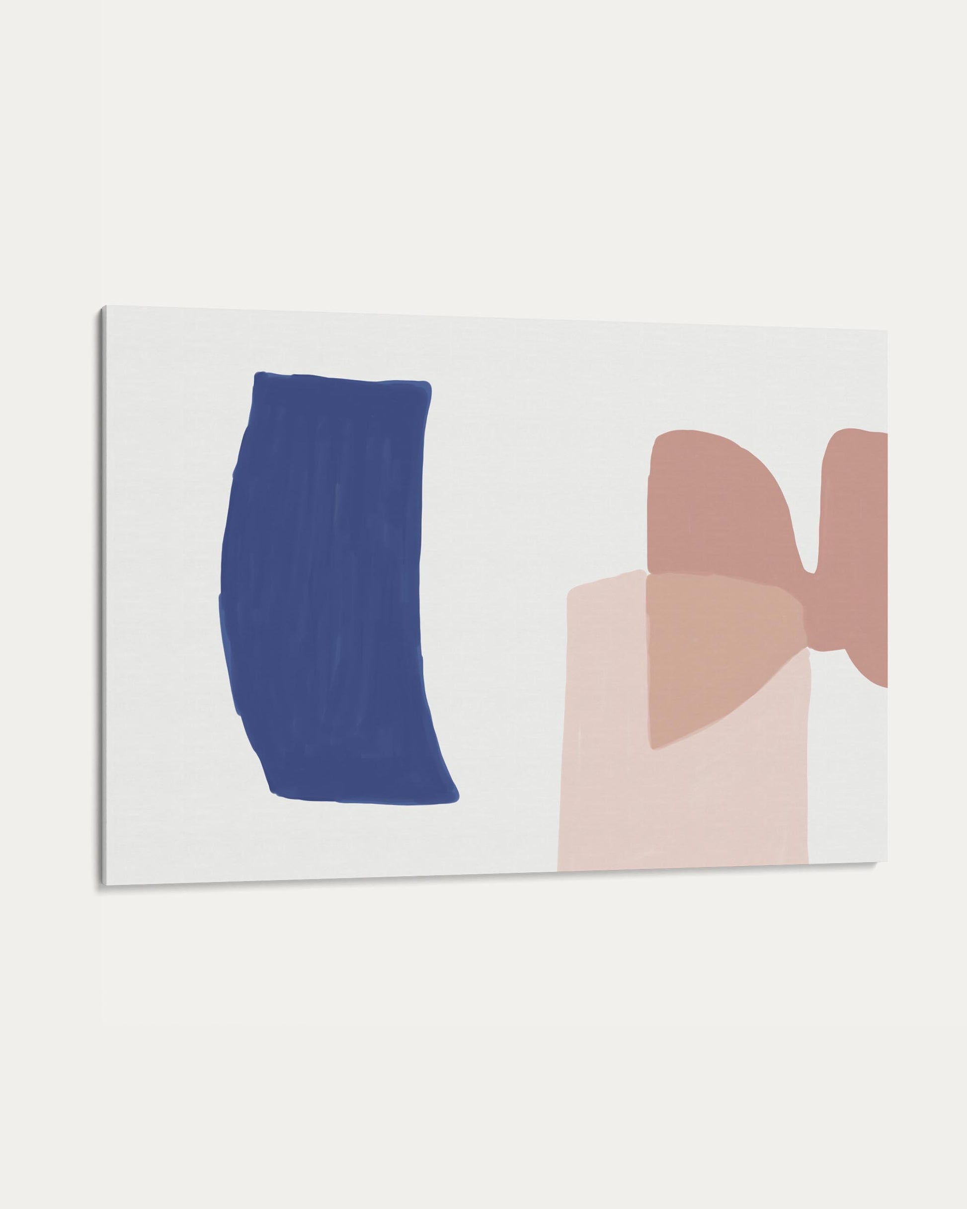 Abstract art print with blue and pink shapes on a white background