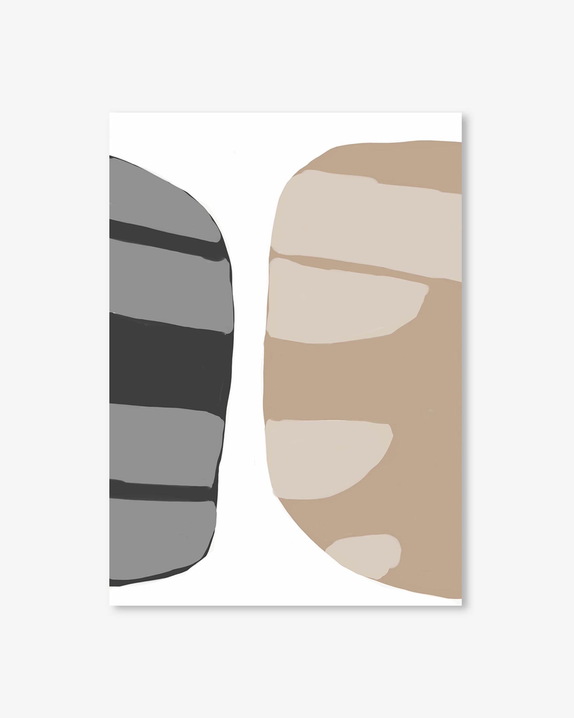 Two abstract art prints in gray and beige on a white background