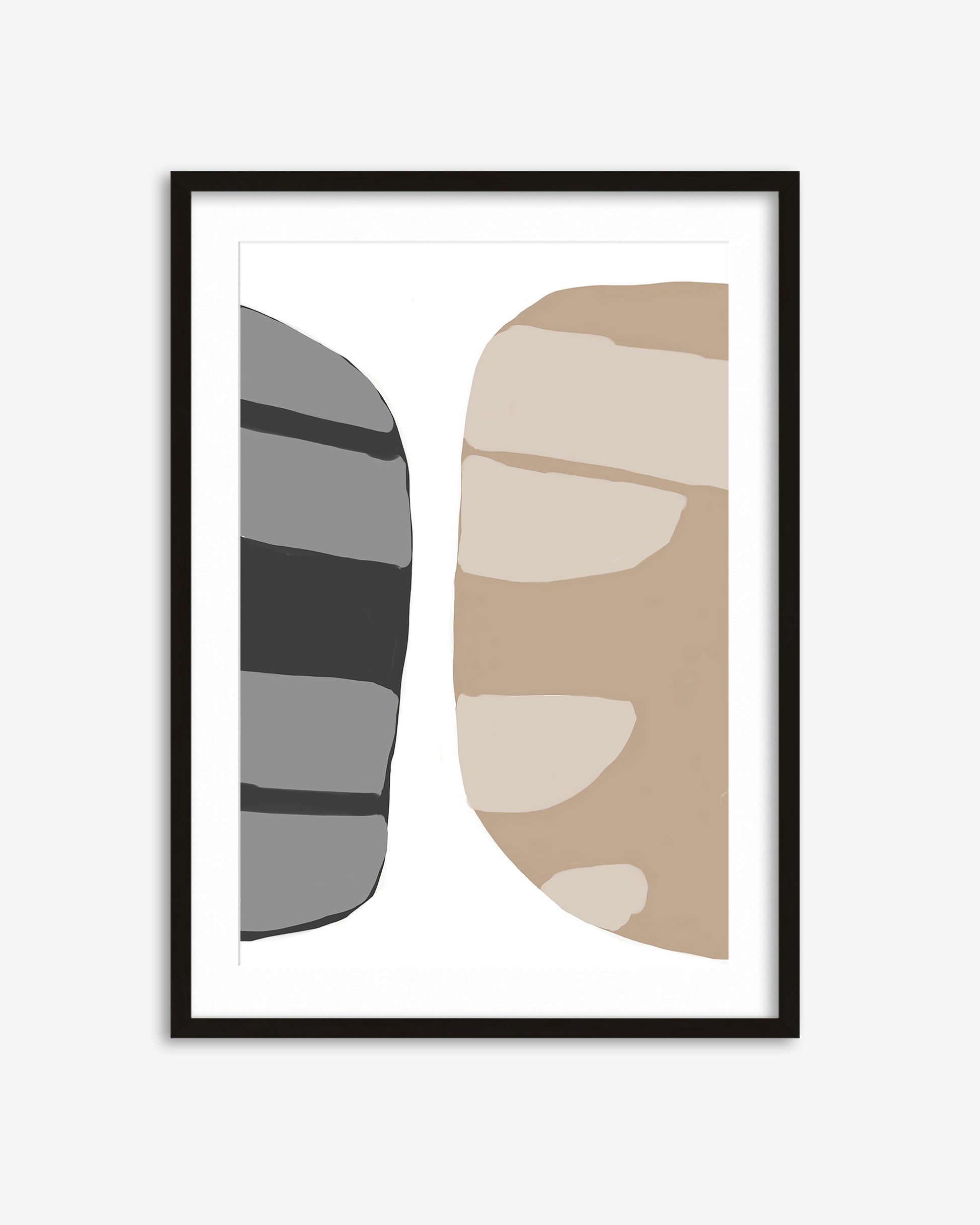 Framed abstract art print with geometric shapes on a white background