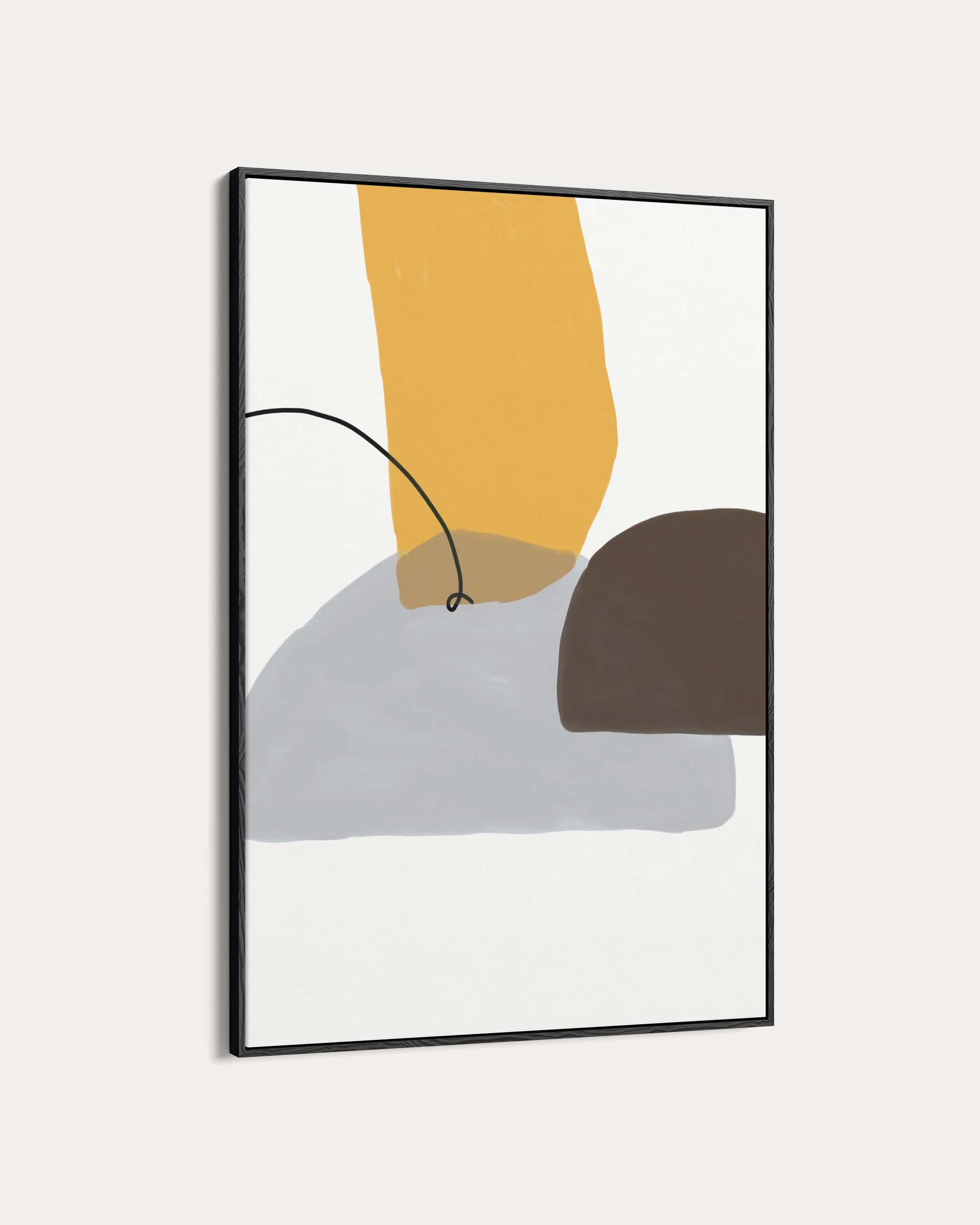 Abstract art print with geometric shapes in yellow, gray, and brown on a white background