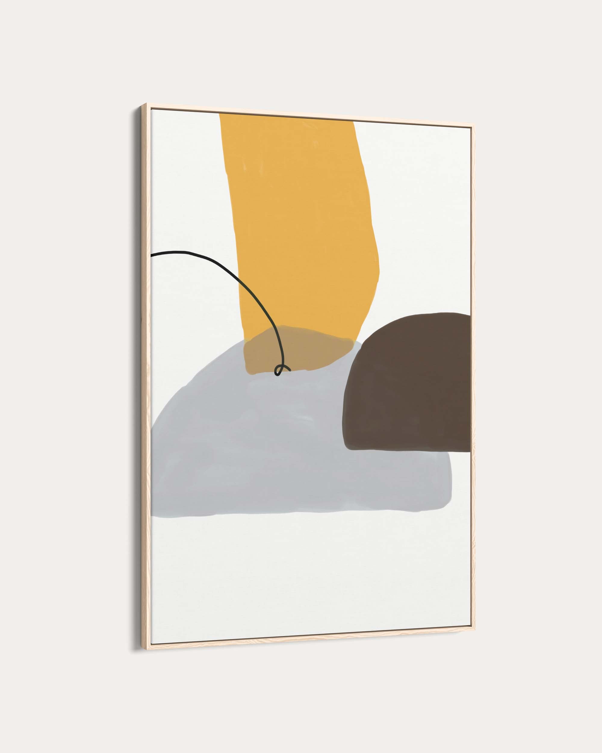 Abstract art print with geometric shapes in gold, gray, and black on a light gray background