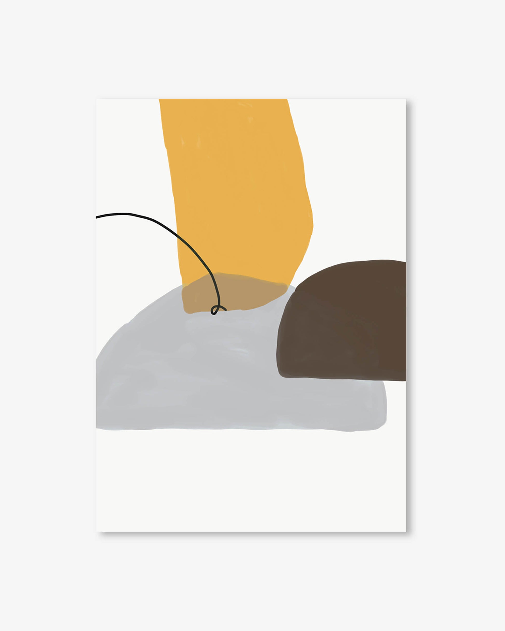 Abstract art print with geometric shapes in yellow, brown, and gray on a white background