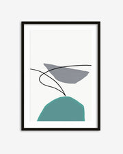Framed abstract art print with a gray shape and teal base on a white background