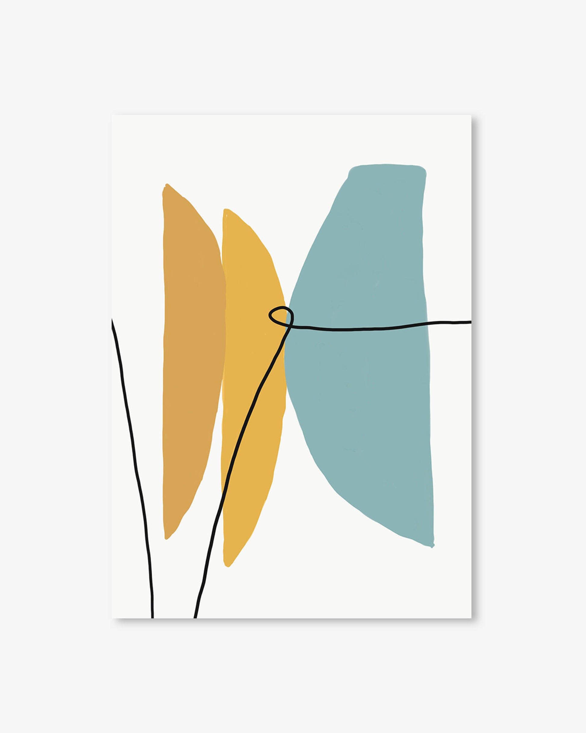 Abstract art print with blue and yellow shapes on a white background